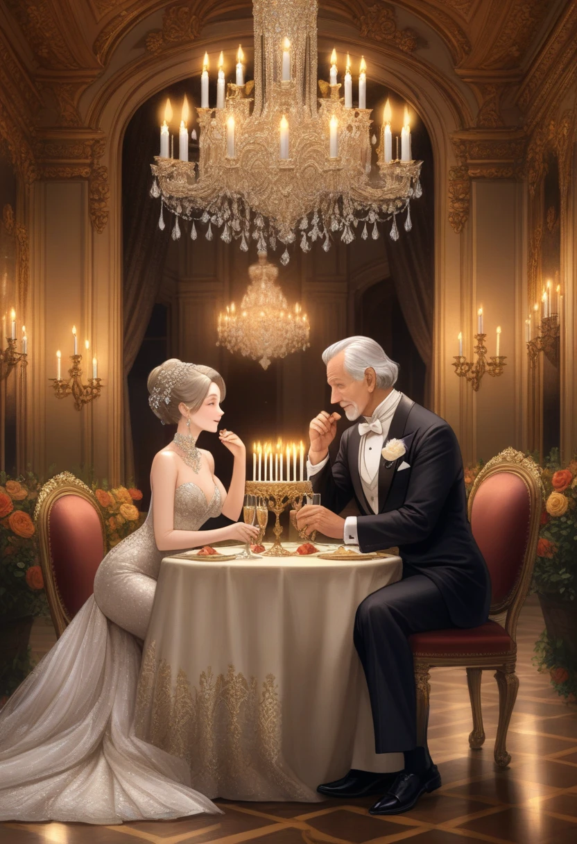 hero (noble girl):
hair: long, Blonde and straight, with some soft waves to give it an elegant look.
eyes: blue, big and shiny, showing emotion and tenderness.
outfit: A long and sophisticated light blue dress, with silver or gold details, and an elegant neckline.
Noble Boy:
hair: negro, well groomed, with a touch of sophistication.
eyes: red, intense and captivating.
outfit: A black formal suit with gold or silver details, a silk tie and a well-fitting jacket.
scene:
Location: An outdoor terrace at the mansion, decorated with soft lights and candles, and with a view of a garden illuminated under the stars.
mesa: Elegant dinner table with a white tablecloth, fine porcelain plates, crystal glasses and candelabras. Fresh flower arrangements add a romantic touch.
action: The protagonist and the noble boy are sitting face to face, sharing an elegant meal. There is an atmosphere of intimacy and connection. while they talk, The protagonist smiles shyly and the boy looks at her with admiration. Dinner is full of kind gestures, meaningful looks and soft laughter.