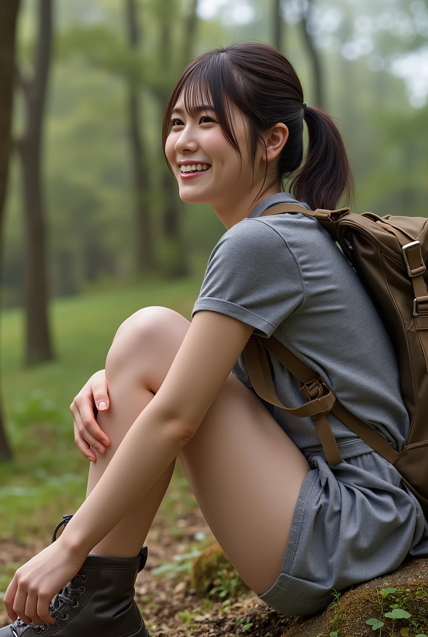 photorealistic、Front ribbon、grey short slip、anatomically accurate, Details Hand , Thin fingers , perfect hand、Ultra high resolution、she blushed and looked at me、carrying backpack、Hiking Trails、sitting