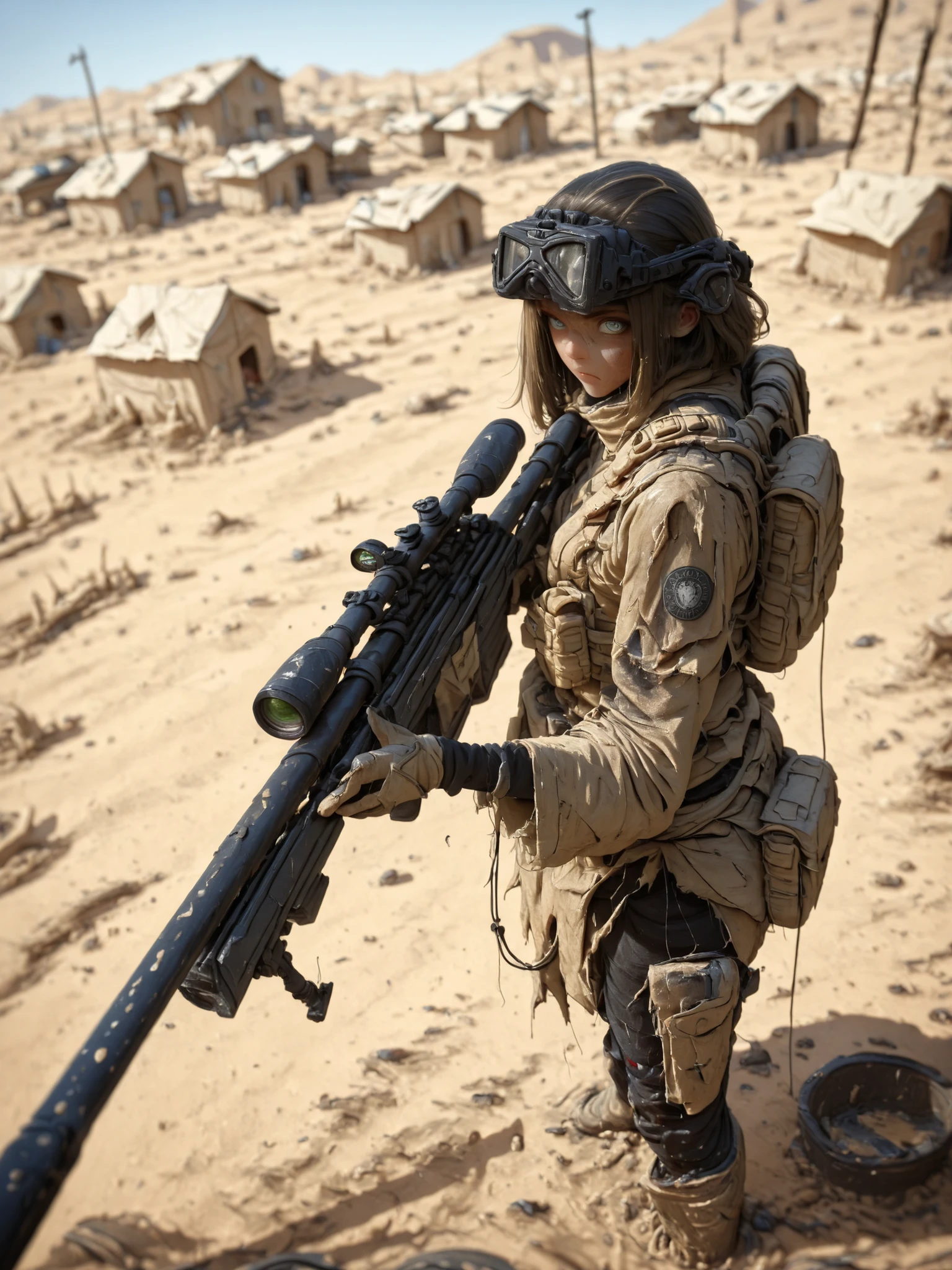 capa negra,Sniper,war zone,country Iraq,desert area,broken rags hanging,mud houses,Slums,depth of field, high definition image, a lot of details,