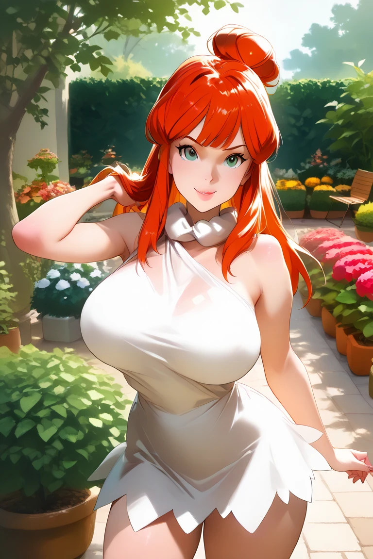 uzumaki_kushina,massive gaint large_breasts, medium thighs, medium_ass, solo,white_bride_dress, transparent dress,sexy dress, flowers in hand,ponytail,no bra,no panties, masterpiece, best quality, detailed face, detailed eyes, highres, (masterpiece:1.4, best quality:1.2), (Highres), (Detailed Illustration), Ultra-Detailed, konohagakure,looking in front, smiling playfully,mischievous eyes,blue eyes,one hand up ,second and on cleavage , standing straight,
