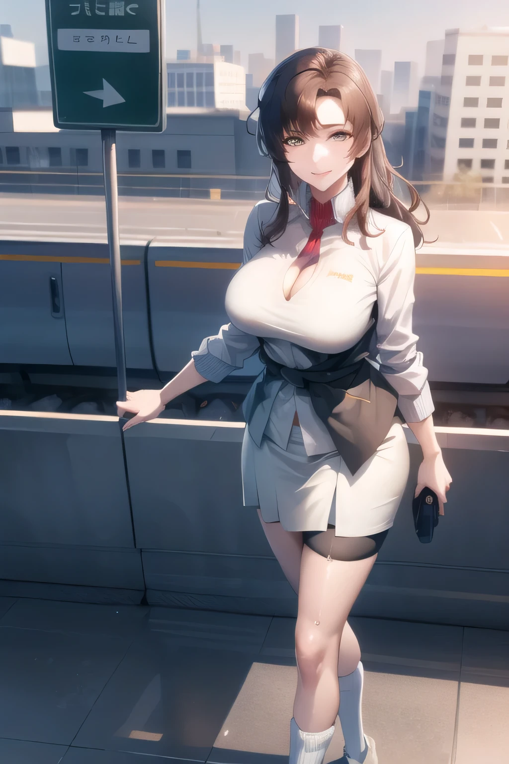 Beautiful adult Korean girl, college girl, standing on railway station, beautiful girl, intricate details, 8k, wearing uniform,unrealistic girl, sharp image, thick thighs , sexy, massive breast