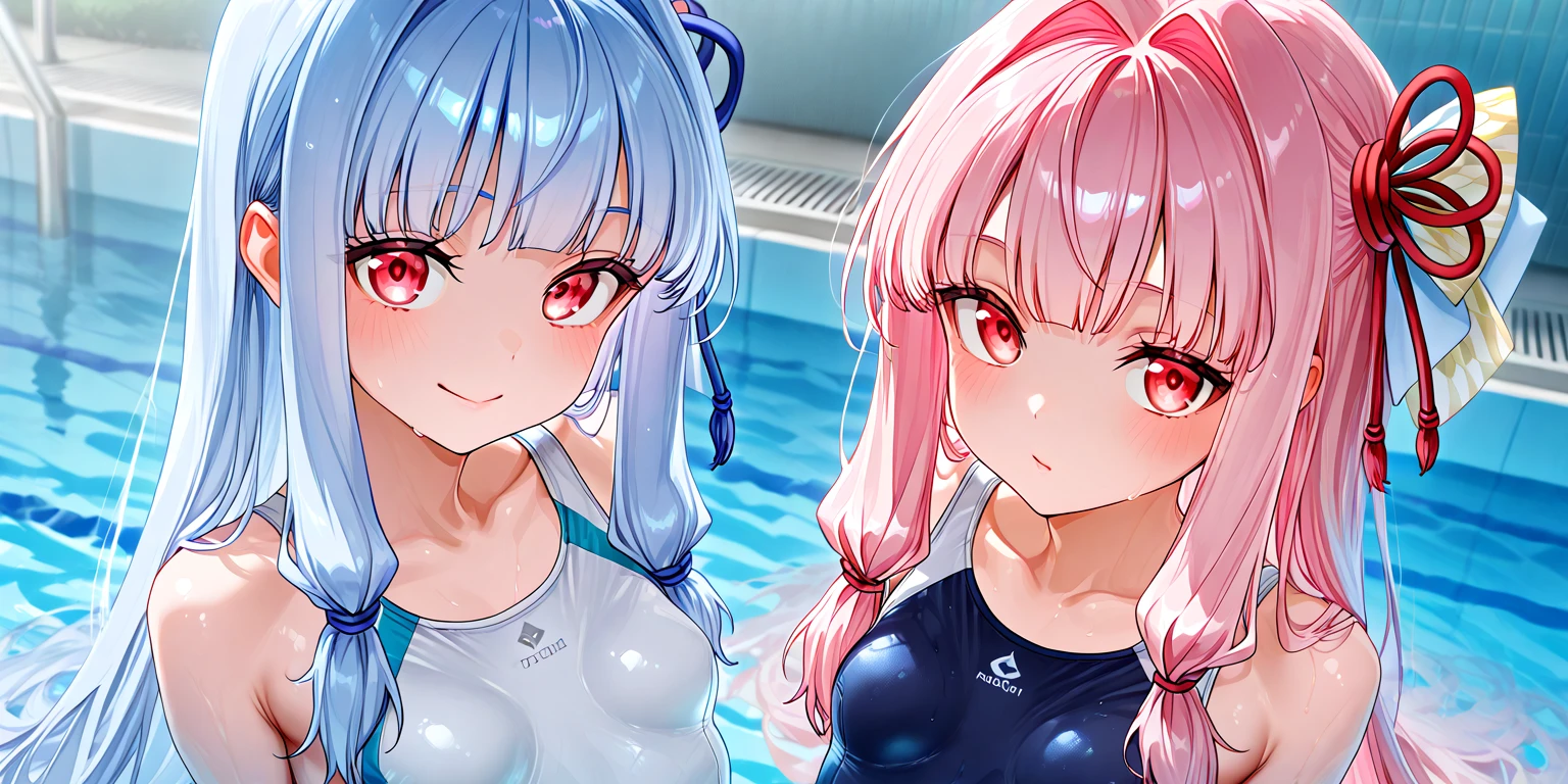 Highest quality、High resolution、Detailed Background、Beautiful face in every detail、Detailed facial expressions、Detailed eyes、Teenage beauty、cuteカラーの髪色、Braided Ponytail、Braided bob cut、Braided twin tails、Navy school swimsuit、Perfect body line、School swimming pool、
(Two girls in school swimsuits cooling off in the shower:1.5)、
A big smile、Laughing with your mouth open、My whole body is wet、My hair is wet too、A fun atmosphere、cute仕草、Hydrate、Cool the body with cold water、cute