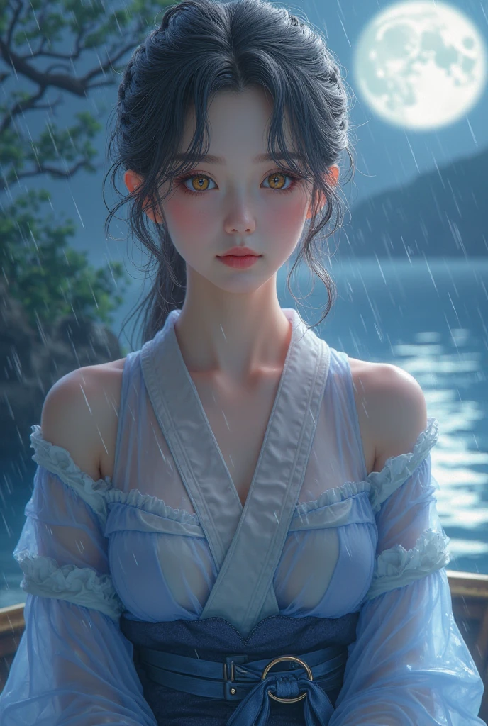 (Realistic:1.5, 8k, highest quality, masterpiece, Ultra-high resolution), (((heavy snow, From below))), Perfect dynamic composition:1.2, (In front of a shrine at night in a modern city, Expressions of sadness:0.9, Low angle shooting:0.9), Highly detailed skin and facial textures:1.2, Young woman getting wet in the rain:1.3, Fair skin:1.2, Sexy beauty:1.1, Incredibly slim body:1.2, beautifully、aesthetic:1.1, Very beautiful face:1.2, Water droplets on the skin, (The rain drips down on my body:1.2, Wet body:1.2, Wet Hair:1.3), (Professional kimono dressing, Holding a wet bouquet:1.2, Wearing a wet silver kimono correctly:1.3), (Big Breasts, Bra is sheer, Chest gap), (Big eyes that exude beautiful eroticism:0.8, Lips that exude beautiful eroticism:0.8, woman'The charm of:0.8, Charm:0.8), necklace, Earrings, bracelet, wedding ring, Highly detailed and accurate hand and finger representation