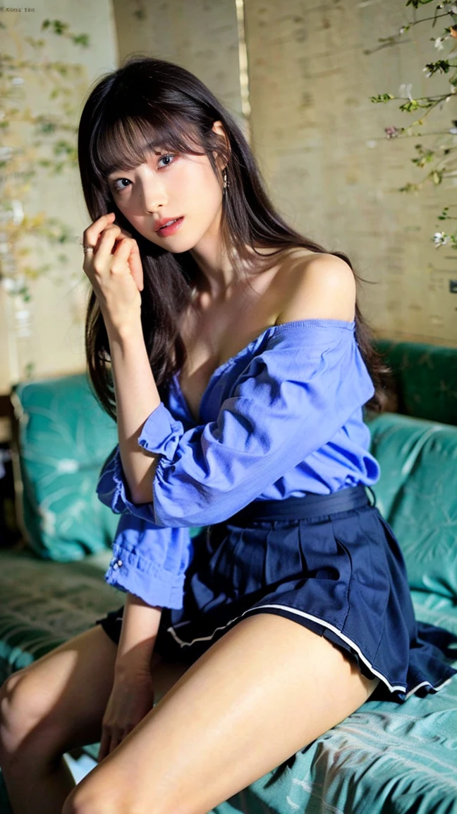 Raw photo, highest quality, masterpiece:1.2), highest quality, figure, Very detailed, Fine details, High resolution, wallpaper, Perfect dynamic composition, (Detailed high quality, Realistic depiction of eyes:1.3)、A woman who has been and has her hands tied、Arms wrapped around his back, hands tie behind back, Put duct tape over your mouth、Inside a beautiful hotel room at night、Sitting on the floor with knees up、Outside the window is a night view、 With legs wide open、(The bra is white、Panties are white、Panty shot)、Blue Short Sleeve Blouse、(Tartan plaid pleated skirt)、whole body、The whole thing faces forward、17 years old、High school girls、Wearing loafers、Wearing knee-high socks、Beauty、Well-formed face、Make your eyes even、Beautiful black hair、Has bangedium build、Well-balanced proportions、Beautiful legs、Fresh face、Beautiful scenery、, Surrealism, cinematic lighting, first-person view, f/1.2, Nikon, cowboy shot, 8k, masterpiece, 8k, UHD, award winning, best quality, highres, high details, textured skin