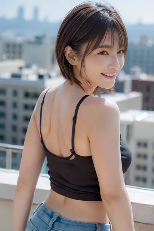 Highest quality,master piece,bokeh,incredibly absurdres,high resolution,lens flare,a girl, one girl,solo focus,alone,full body,perfect anatomy,8k,a girl, one girl,solo focus,alone,from front,sexy posing,very short hair,,Beautiful Japanese Women,Asian、Age 25,police uniform,,smile,teeth,Large Breasts、valley、arched back,The background is Tokyo at night、evening,sunset,one girl