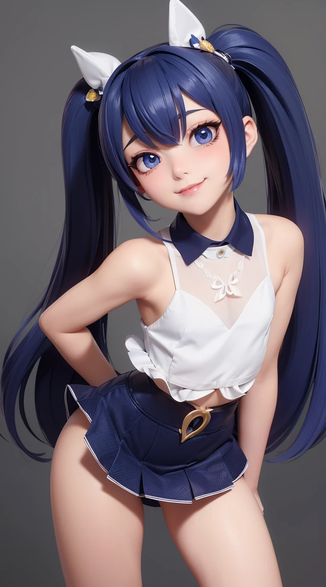 (masterpiece:1.3), (Best Quality:1.3), (Ultra-detailed:1.2), ((kawaii)), Cute, (lovely), ((sexy)), ((Extremely detailed)), 4K, (8K), Best Quality, (Beautiful), Illustration, anime style, (bold line:1.2), Gradation, looking at viewer, //, (bent down:1.1), (arms behind back), //, a cute girl, 1girl, (solo:1.2), gleaming skin, //, (flat chested), (Perfect eyes:1.2), (Perfect iris:1.2), //, darkblue hair color, (beautiful eyes) //, (half closed eyes:1.3), (sexual expression:1.2), Fascinated expression, smile, (blush:1.2), //, modern city background, on rock, twin tails, muscle girl, hard abs, exposed abs, NECKLACE, sailor uniform, skirt, sit on rock