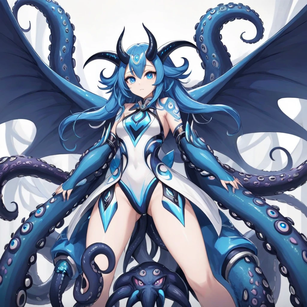 1girl, solo, siren_(AL), rigging, tentacles, blue hair, yellow eyes, shackles, best quality, highest resolution, ultra detailed outfit