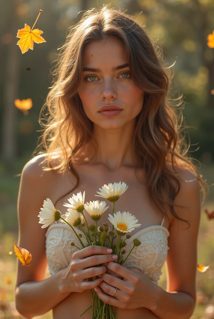 Dans une foret littorale de chêne vert, sur sol sableux. Une jeune et belle femme, entièrement nus, récolte des pissenlits