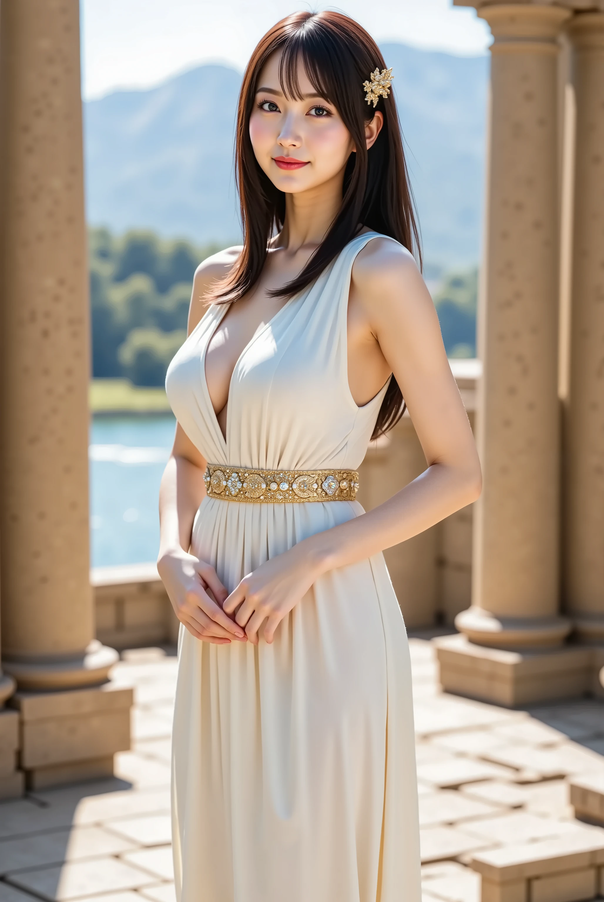 (masterpiece:1.5)、(Realistic:1.5)、(Highest quality:1.4、8K、RAW Photos)、 Ultra-high resolution、Professional Lighting、Perfect dynamic composition、Outdoor Shot、 Film Grain、chromatic aberration、(Bokeh:1.1)、 Frank、Sophisticated、charm、Surreal、High detail、Golden Ratio、 (1 Girl)、Slender girl、繊細でcharm女の子、Cute Woman:1.4、 Serious expression、Looking at the audience、Various poses、 Light brown hair、Shiny Hair、Hairstyle: ponytail、 Realistic looking skin、 shut up.、Beautiful Eyes、double eyelid、Thin a(majestic style, sophisticated and elegant, holy and mysterious:1.2),(wearing Slit Tight Long Dress:1.2)), (Mr.々A shot), (Pantyhosed legs visible through slit), (Ultra-realistic pantyhose:1.3),