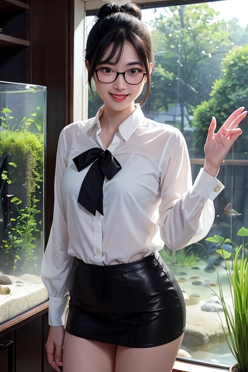 ulzzang -6500-v1.1, (Raw photo:1.2), (Photorealsitic), (See-through:1.3), (Real:1.4), ((FULL BODYSHOT:1.6)), １Girl in glasses、22year old、game_nffsw,  Black glasses(eye detailed), (Very affectionate smile:1.2)、I keep my hair up and short、 (Wearing a silk blouse:1.3), (Ultra-realistic pantyhose:1.2), (flered skirt:1.2), sitting in the office and working at the desk、make - up、huge filesize, hight resolution, ighly detailed, top-quality, [​masterpiece:1.6], illustratio, ighly detailed, nffsw, finely detail, top-quality, 8k wallpaper, Cinematographic lighting, cute droopy eyes beautiful big eyes、Pieckfinger, ((masutepiece)), Best Quality, 1girl in, eye shadow, realistic skin textures、shinny skin、Exposed thighs!!! ,  Colorful, Vivid colors,