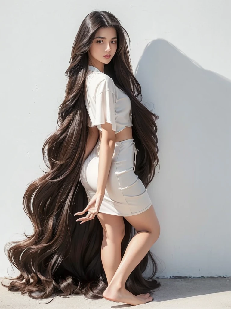 (Upper Body Shot:1.1) (She does random sway back stance in front of a white wall:1.4) ((highest quality)), ((masterpiece)), (Familiar), (Get used to it) (Large Breasts:1.4) (Her hair is incredibly wavy:1.5) (Very long hair down to the ankles!!!!! highest quality Highest detail Very long hair down to the ankles!!!!! Forever growing hair Flowing hair Amazingly straight hair Very shiny and thick hair Abnormally long hair that lasts forever!!!!! Flowing Hair on both ends!!!!!!!!! Very long hair down to the ankles!!!!! Very long hair down to the ankles!!!!! Thick and shiny hair Very free hair Abnormally long hair!!!!! Beautiful silky hair Beautiful and shiny hair Beautiful and shiny hair Beautiful silky hair Very long hair down to the ankles!!!!! Very Abnormally Long Hair!!!!! Very Abnormally Long Hair!!!!!) (highest quality The best ultra-fine Very long hair down to the ankles!!!!! highest quality Highest detail Very long hair down to the ankles!!!!! Forever growing hair Flowing hair Amazingly straight hair Very shiny and thick hair Abnormally long hair that lasts forever!!!!! Flowing Hair on both ends!!!!!!!!! Very long hair down to the ankles!!!!! Very long hair down to the ankles!!!!! Thick and shiny hair Very free hair Abnormally long hair!!!!! Beautiful silky hair Beautiful and shiny hair Beautiful and shiny hair Very long hair down to the ankles!!!!! Very Abnormally Long Hair!!!!! Very Abnormally Long Hair!!!!!) (Her hair color is dark brown) Perfect Woman'face (She has a typical Japanese build and skin color..., Her skin is very high quality and ultra high definition.、very beautiful and glowing skin) (Her face is dignified and sexy)(She achieved her sexy look with the help of a professional makeup artist.。... Lipstick is natural red The eyeliner is a beautiful black) (She's wearing shiny white lingerie) ((Her bangs are completely cut off.)) (She has a typical Japanese build and skin color Her skin is very delicate and sensitive..、and、Such beautiful and