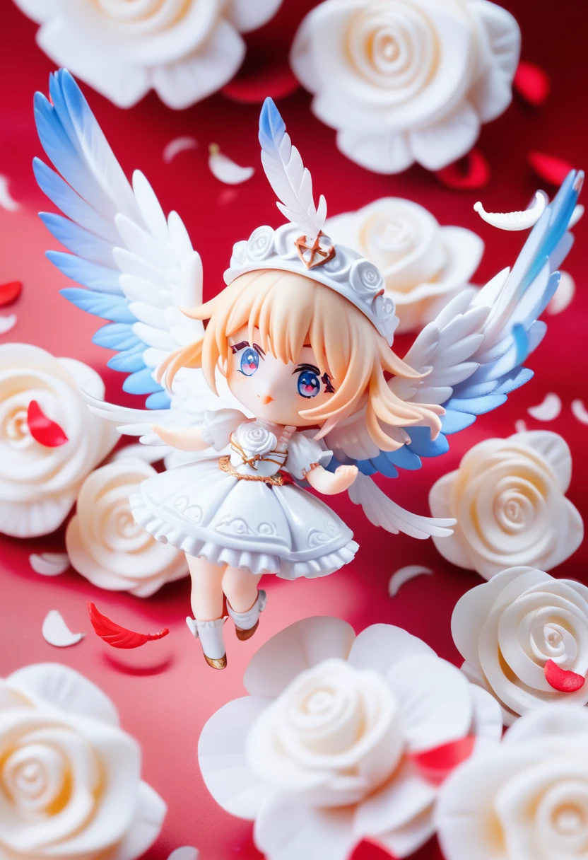 (Chibi Characters), Figures, white rose angel, ((wings made of white rose petals:1.4)), ((feathers made of white rose petals:2.0)), floating in the air, dynamic pose, dynamic angle, depth of field, masterpiece, best quality, amazing quality, very aesthetic, absurdres, newest, highly detailed, high-resolution.