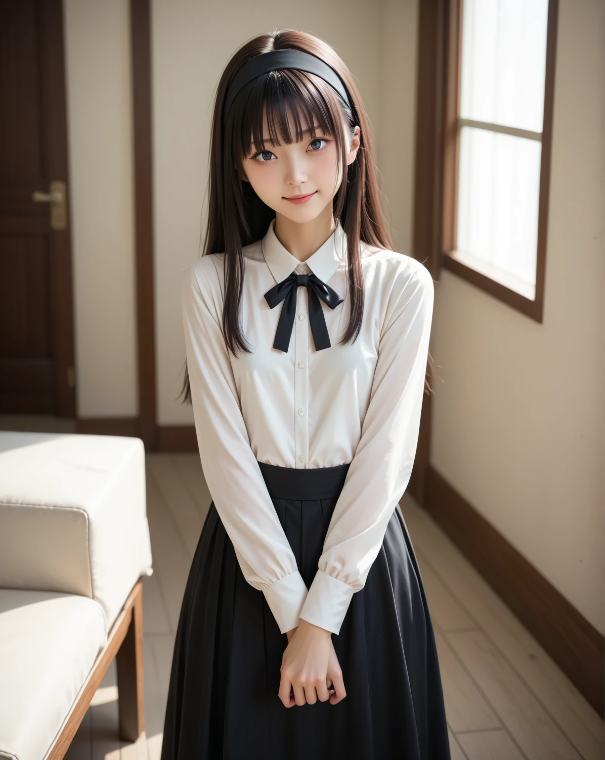 (Best image quality,8K quality,masterpiece:1.3,),(Super A quality,Realistic:1.4,RAW Photos),(Asahi:1.3),(masterpiece:1.2),(Realistic:1.2),(RAW Photos),(detailed:1. 2), Official Art, unity 8k wallpaper, Super Definition, beautiful, masterpiece, Highest quality, attic, Natural light, Bright sunlight, Window, (Window open), Wind, Lonely Girl, standing by Window, (Wind blowing in), Red ribbon in hair, Black Hair, bangs, 10 years old, Pretty face, Glossy Cheeks, Black Dress, (Long sleeve, collar), wooden frame and Window, 