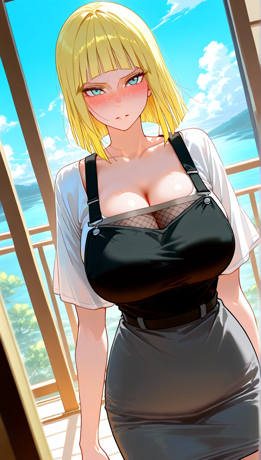 masterpiece,best quality,Arcueid,ruby eyes, ruby eyes,short hair, blonde hair ,1girl, white sweater, solo,looking at viewer, black skirt,hair between eyes,breasts,outdoors, chain necklace, fang, angry, black tights, long nails