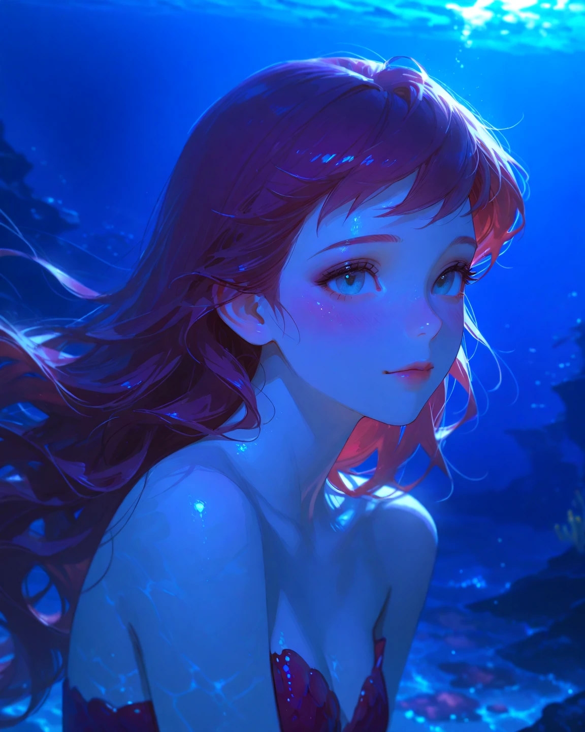 mermaid, red hair, long hair, blue eyes, large breasts,