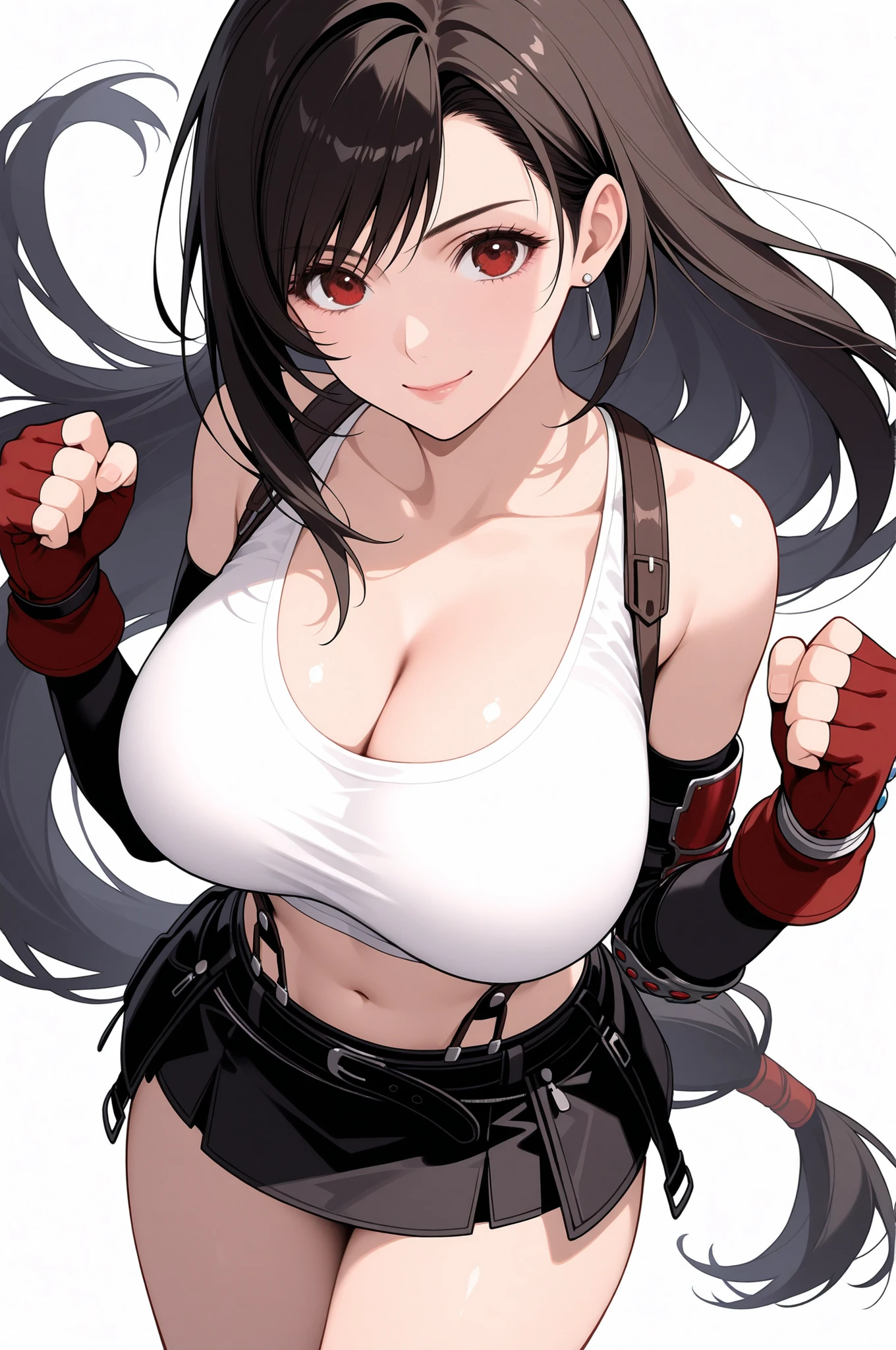 tifa lockhart, final fantasy vii, 1girl, bangs, bare shoulders, belt, black belt, black gloves, black hair, black skirt, cleavage, clenched hands, closed mouth, collarbone, cowboy shot, crop top, earrings, elbow gloves, fingerless gloves, floating hair, gloves, hair behind ear, hands up, jewelry, large breasts, lips, long hair, looking at viewer, low-tied long hair, midriff, miniskirt, navel, red eyes, red gloves, shirt, side locks,  simple background, skirt, sleeveless, smile, solo, stomach, suspenders, swept bangs, tank top, taut clothes, taut shirt, thighs, white background, white tank top, masterpiece, best quality