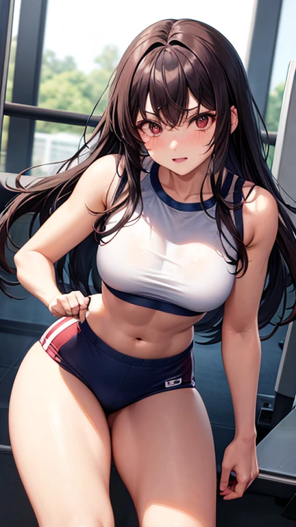 sports gym, masterpiece, highest quality, camel's toe, o-face, cinematic light, 8K resolution, (detailed eyes and skin), perfect body, Anatomically correct, beautiful face, double eyelids, thin eyebrows, long hair, natural lip color, 25 years old, sexy lady, cheek became red, slender body, small-size breast, sweaty, ahegao, Standing, running wear, small breasts, dripping sweat, full of sweat, thin thighs, beautiful feet,