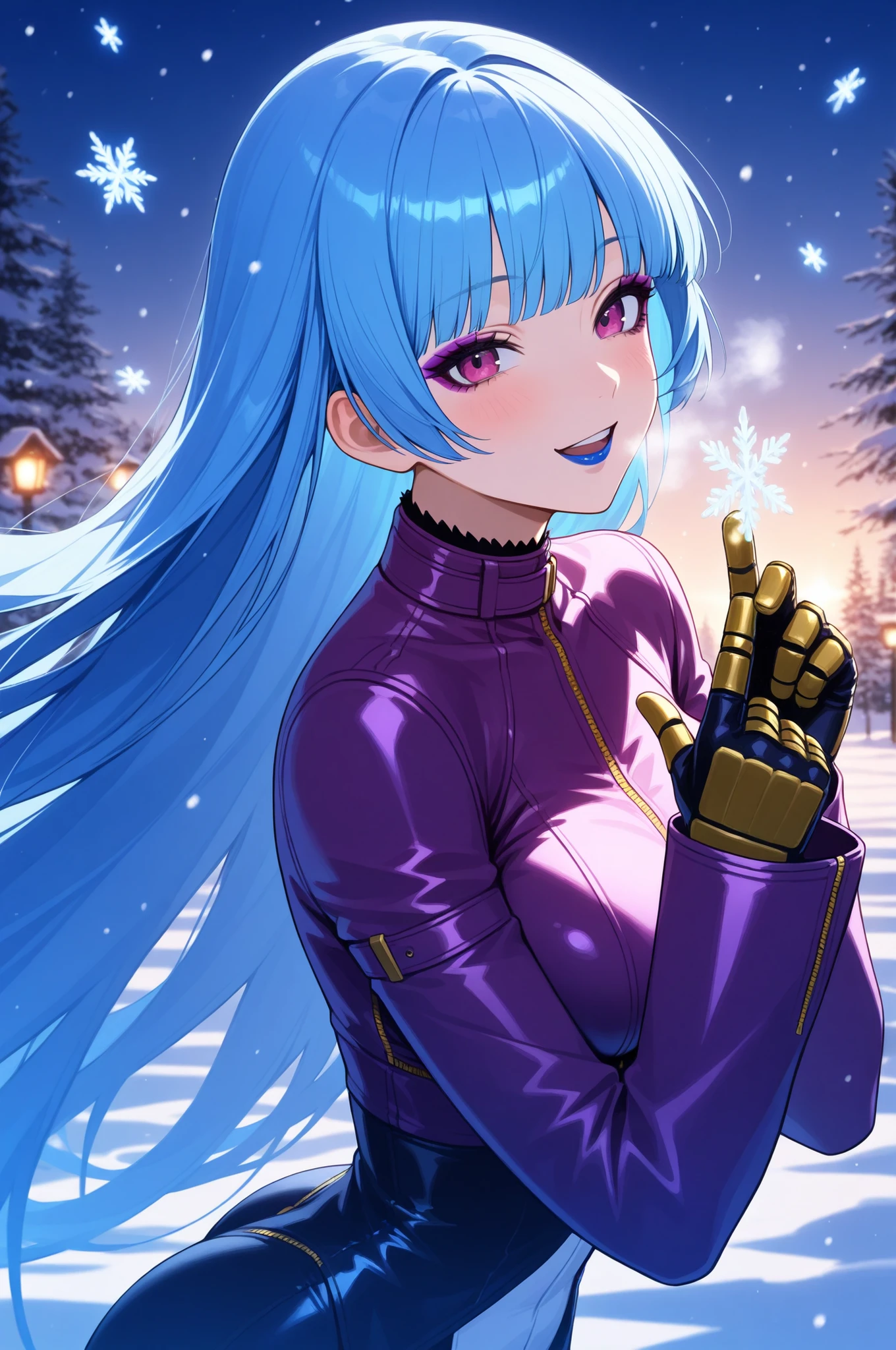 masterpiece, best quality, absurdres, newest, very aesthetic, amazing quality,highres, solo, Kula Diamond \(king of fighters\), blue hair, hime cut, purple eyes, gloves, (1girl), (detailed face:1.2), (detailed eyes:1.3), black eyeliner,purple eyeshadow, blue lipstick, blush, flirting, snowflake, high resolution, 8k wallpaper, Distinct, magical atmosphere, beautiful background, high quality, snowy background 