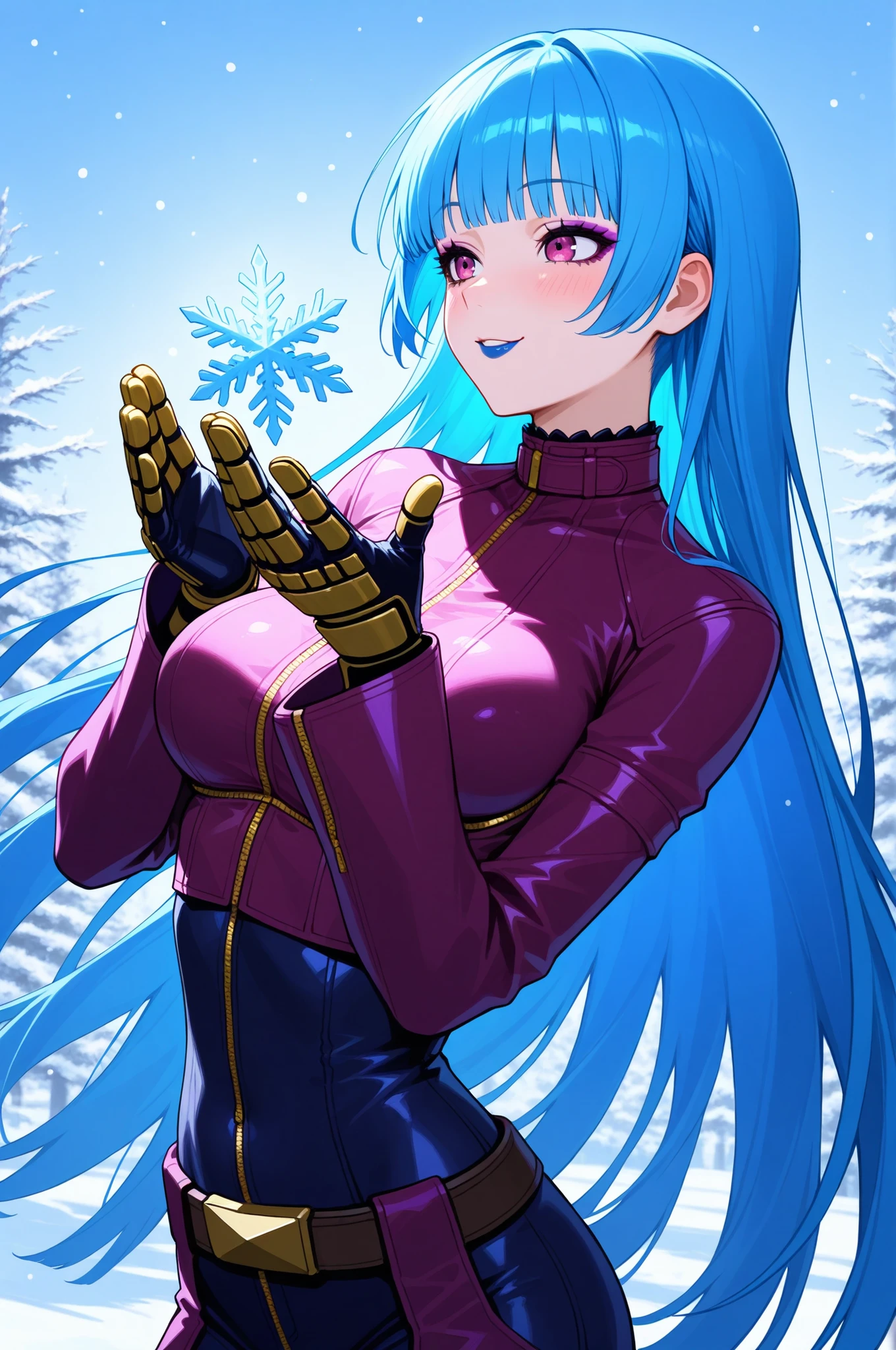 masterpiece, best quality, absurdres, newest, very aesthetic, amazing quality,highres, solo, Kula Diamond \(king of fighters\), blue hair, hime cut, purple eyes, gloves, (1girl), (detailed face:1.2), (detailed eyes:1.3), black eyeliner,purple eyeshadow, blue lipstick, blush, flirting, snowflake, high resolution, 8k wallpaper, Distinct, magical atmosphere, beautiful background, high quality, snowy background
