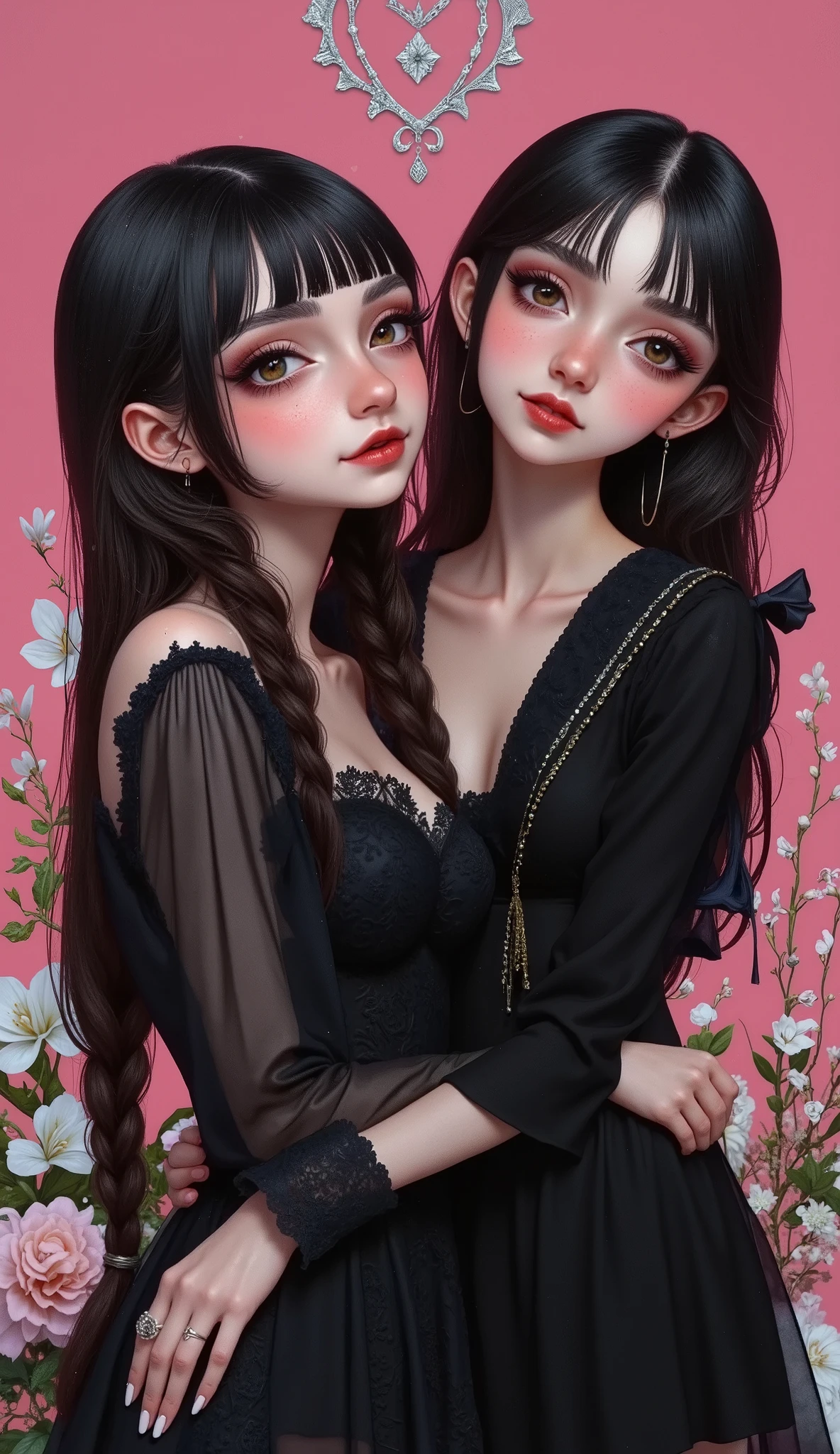 Best couple anime goth girlfriends, dark brown eyes, smiling, pale skin, flat pink background