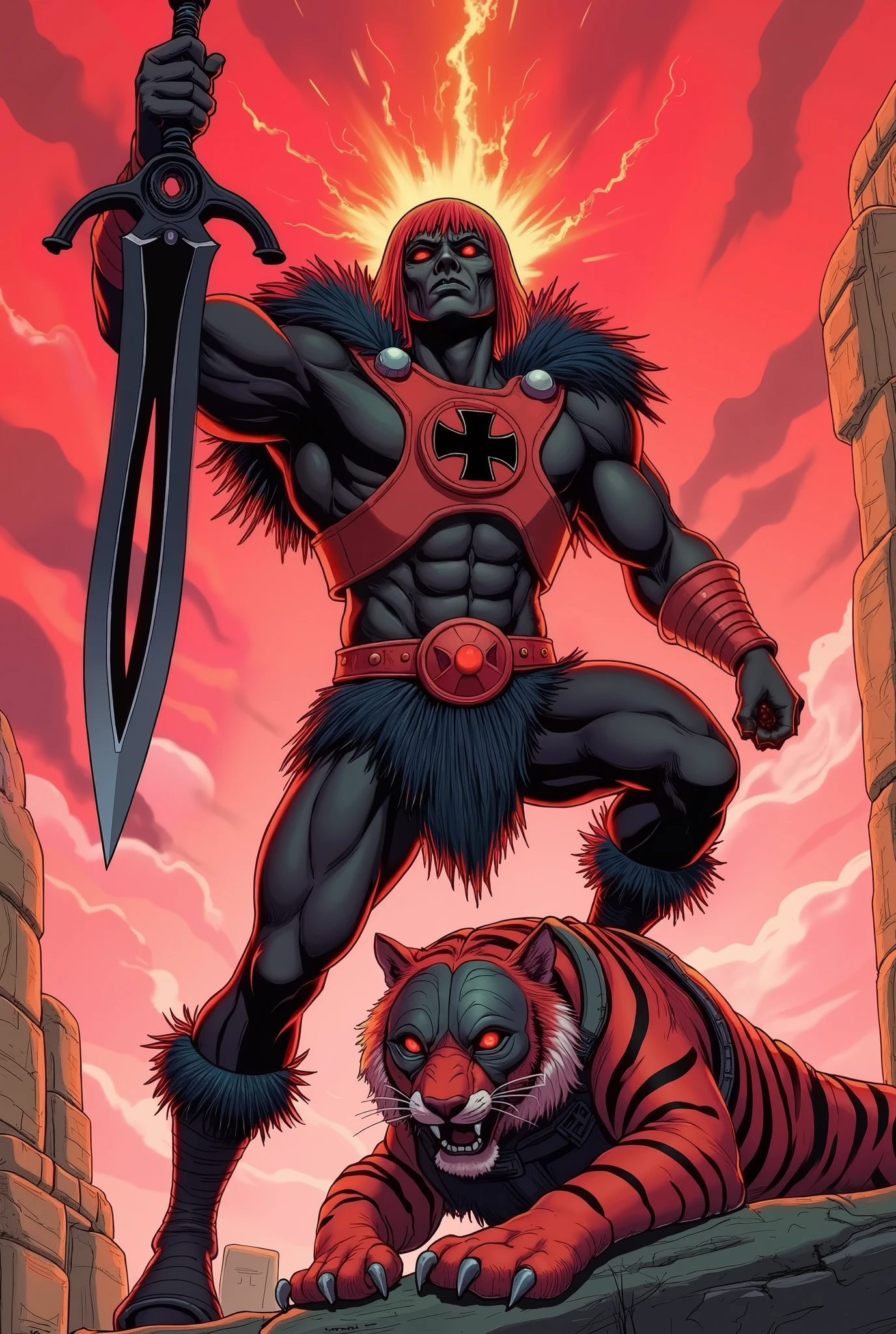digital illustration, (masterpiece:1.5), hd, 4k, strong lines, He-Man (solid black skin) holds his black shiny sword in one hand above his head, right leg on the ground, left leg on the defeted enemy in victorious pose. The sword has an energy red/orange aura.
He-Man is wearing: medium red hair with bangs, red metal harnes with carved black Iron Cross in the middle of his chest, red metal armbands, simple two tones red metal belt, black fur loin cloth, black fur simple barbarian boots, two little black skull in front,
Defeted enemy is: a red tiger with black stripes, he has black metal plate around the eyes with ornate black saddle,