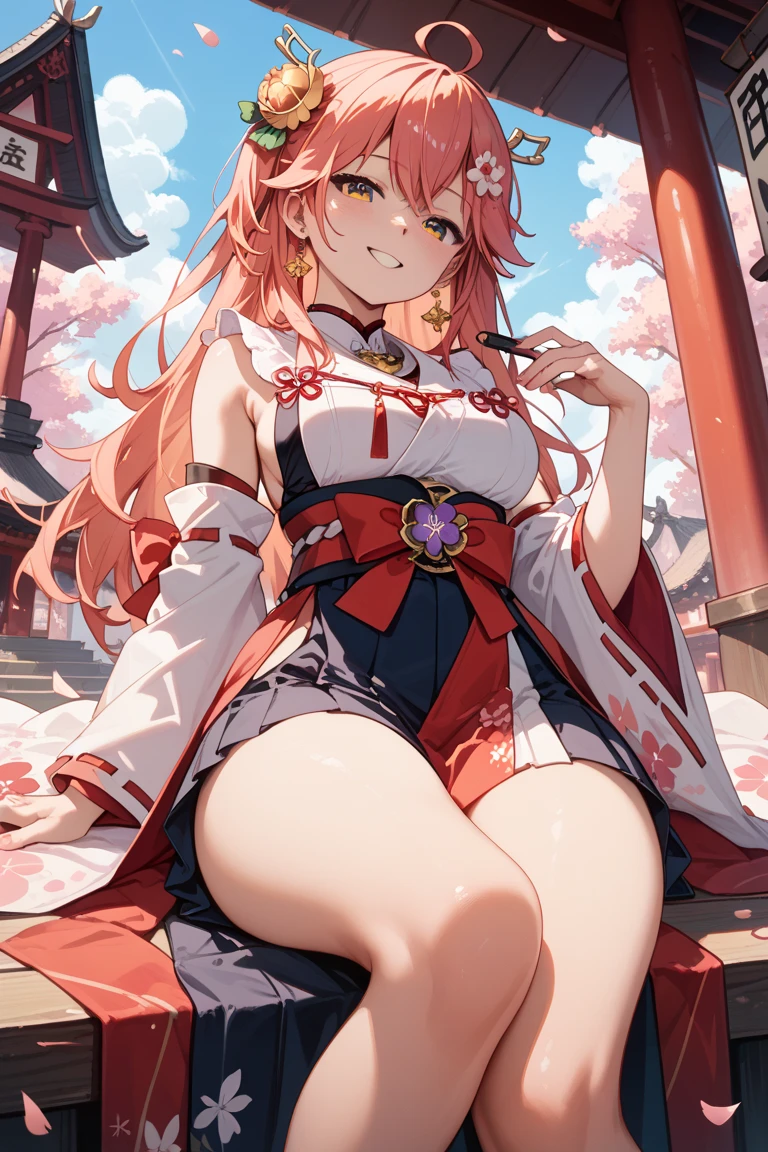 masterpiece, best quality, highres, miko1, sakura_miko, 1girl, green eyes, solo, ahoge, x_hair_ornament, pink_hair, floral print, hairclip,side_less_clothes, (sideboobs:1.4), hair_bell, floral print, long_hair, hair between eyes, one side up, white thighhighs, asymmetrical legwear, wide sleeves, open_mouth,happy,close_eyes, smile,jumping,rising_leg,plump,apart_legs,(overly_long_sleeves:1.1),(beautiful_fingers),sleeves_past_wrists,hands_hidden_sleeves