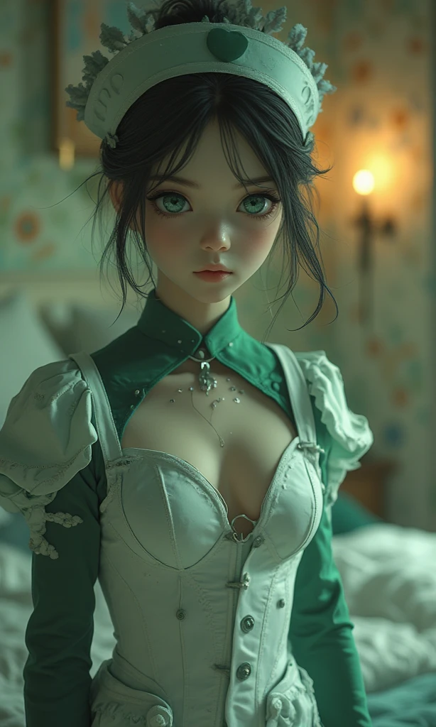 Anime, a glamour shot of a smiling MILF, short purple hair, busty, big ass, Standing demurely with her legs crossed in a bedroom, long sexy legs, leaning toward the viewer, with Smokey eyes and knowing smile wearing a revealing corset, white lace stockings, insanely detailed face and eyes, intricate, hyper-detailed bedroom, digital illustration, masterpiece, beautiful eyes, atmospheric lighting, centered, perfect anatomy, glowing eyes, candid portrait, clear, very detailed, smooth, sharp focus, focused on the viewer, facing the viewer