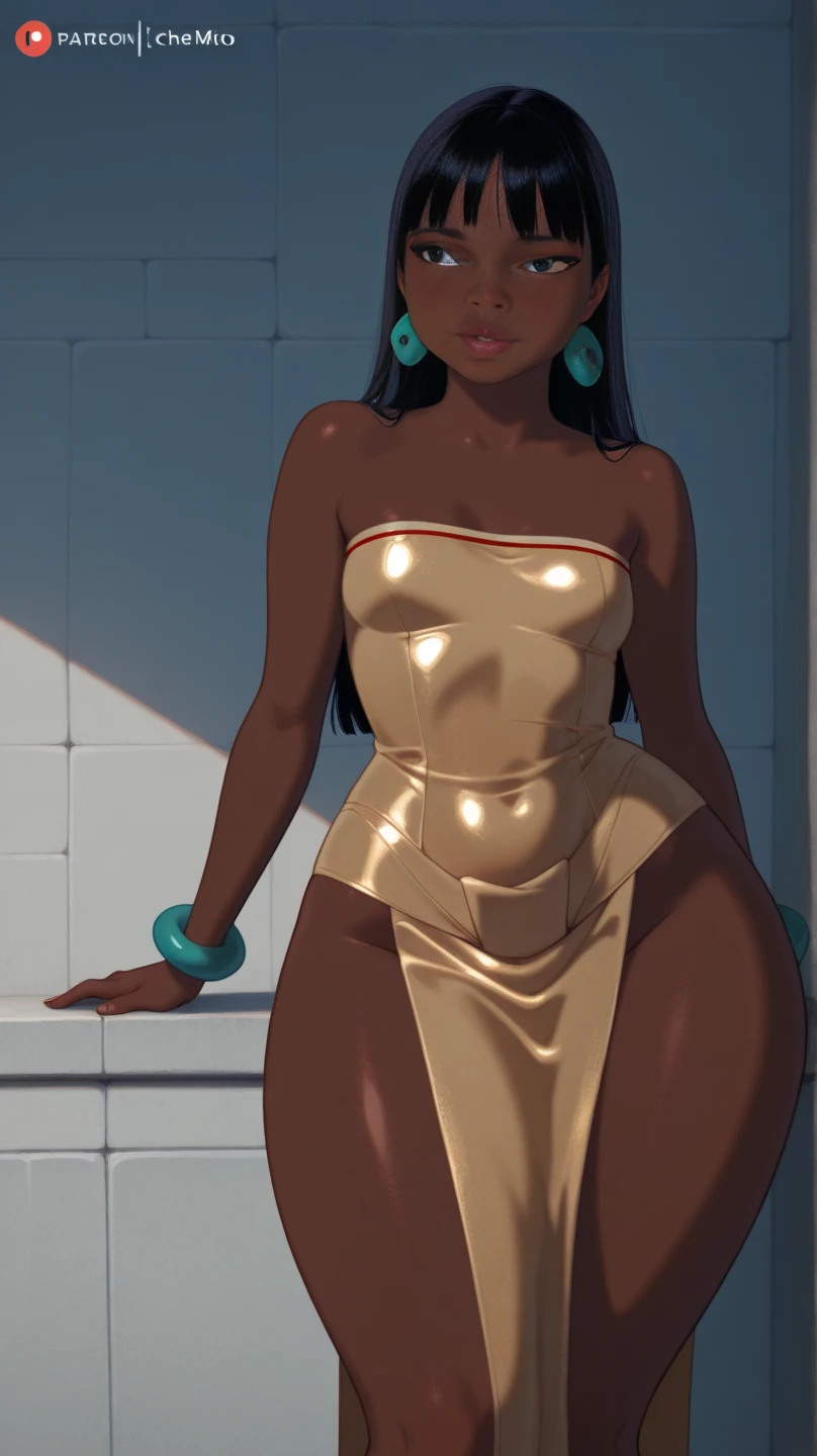 ((Ebony dark skin, very deep ebony skin)), ((her beauty is undeniable)), ((excited cute face)), ((hyper detailed perfect blue eyes,)), ((cute pose)), ((tongue out)), ((seductive )), sexy, ((white towel covering most of her body, towel warp )), (( wet soaked long afro ponytail,)), (( soaked wet skin)), ((standing, front view)), ((indoors, highly detailed room)), sharp focus cgi, photorealistic, high detail, realistic, masterpiece, absurdres, best quality, HDR, high quality, high-definition, extremely detailed, 8k wallpaper, intricate details, 8K uhd, Full-HD, (realistic photo:1.2), contrast, harsh lighting, cinematic lighting, natural lighting, hard light, backlighting, global illumination, ambient occlusion
