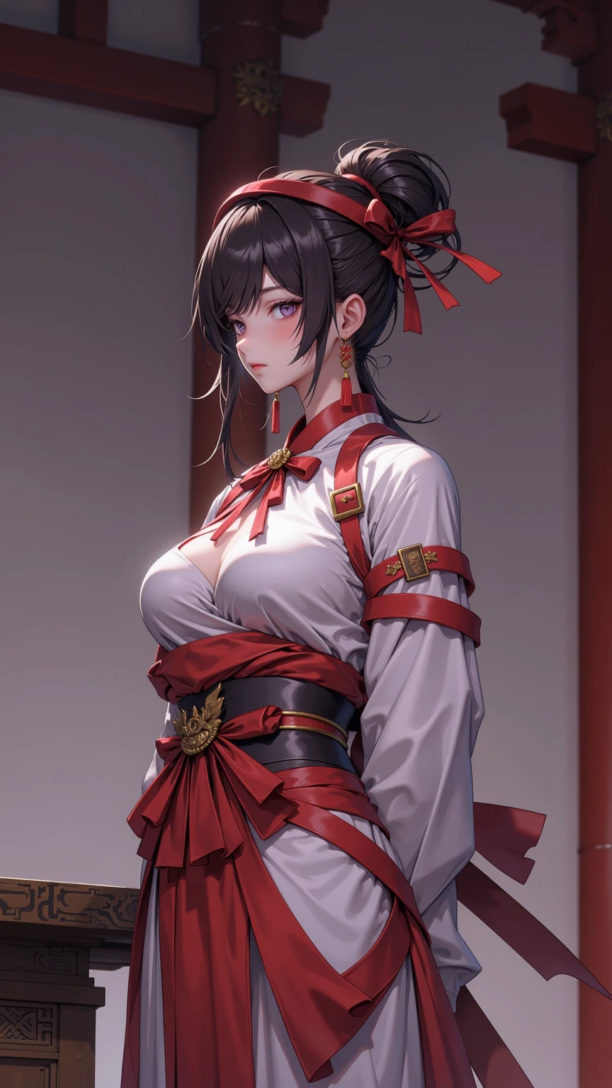 (Top quality details:1.22), 4K High Resolution, Super detailed, High-quality texture, Intricate details, Detailed Texture, In detail, High detail, High Quality Shadows, Beautiful and delicate face down to the last detail, Beautiful and delicate eyes, Depth of written boundary, human, Adult, Mature Woman, Mom, alone, Short Princess Cut, Traditional clothing of Japan, Blood-red samurai armor, Yellow Eyes, Black Hair,