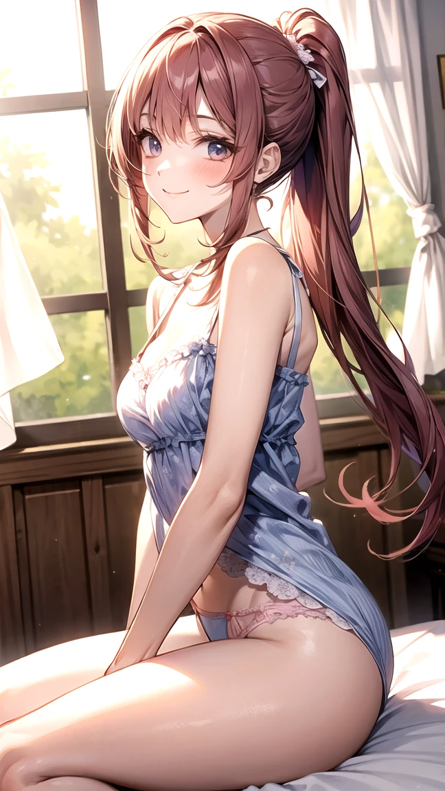 Beautiful girl in a flowered camisole embarrassed by being seen semi-naked in a room, anime girl, big rounds breasts, (pink camisole with short sleeves and lace, white panties), full of sweat, flirty panties, dark brown hair, gradient hair, bangs, shoulder-length bangs, long hair, wavy hair, swept bangs, shiny hair, red hairband, aqua eyes, glowing eyes, pupils sparkling, embarrassed, blush, tongue, open mouth, flustered, upper teeth, beautiful thighs, thin legs, nice round buttocks, small waist, perfect body, high detail, anime, chiaroscuro, dithering, outside border, three-quarter view, from below, from behind, she looks back at the viewer, perspective, panorama, Wide-Angle, f/1.8, 85mm, Sony FE, 8k, super detail, UHD, retina, masterpiece, accurate, anatomically correct, textured skin, highres, best quality, 16k,