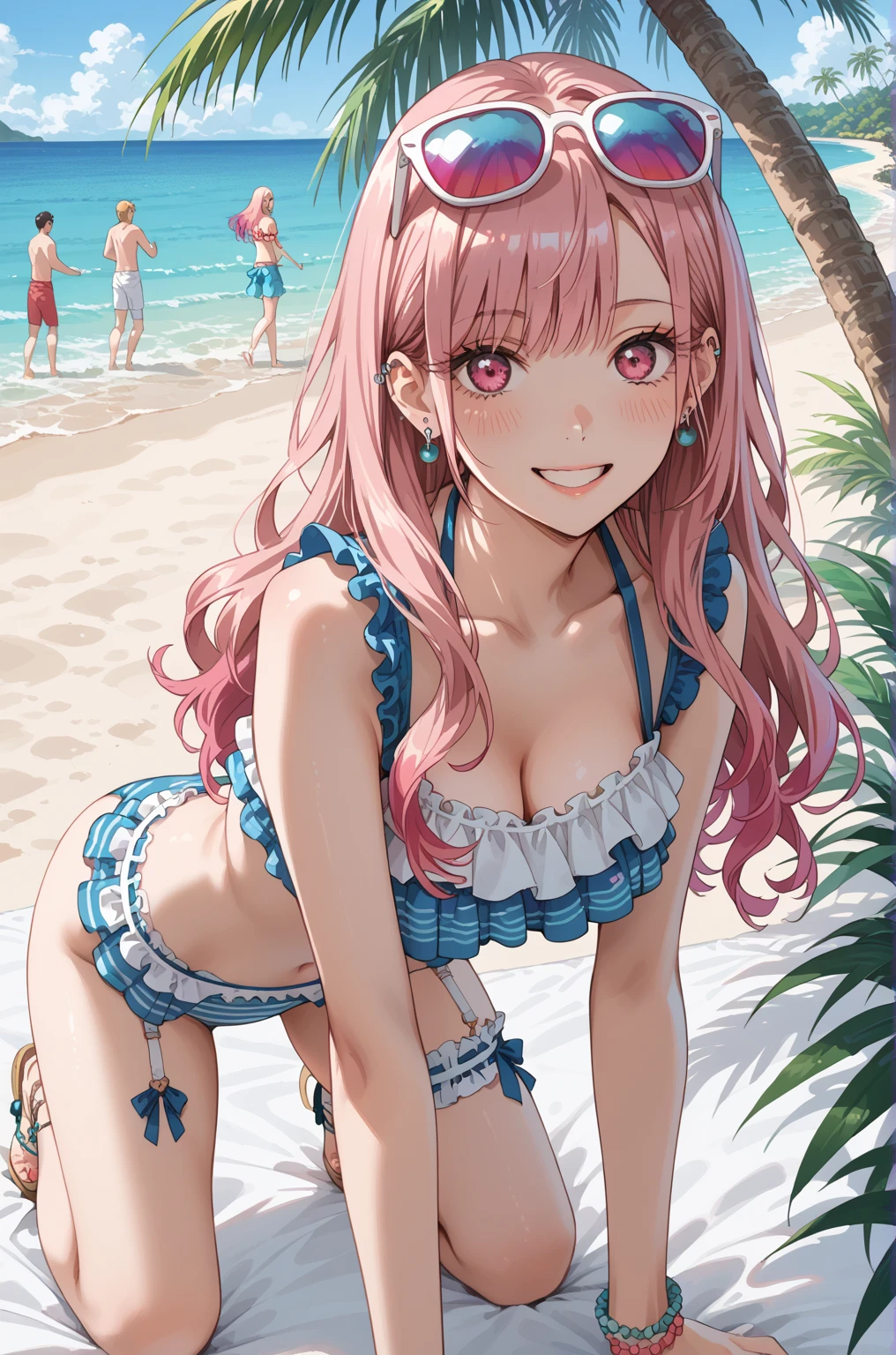 best quality, (masterpiece:1.2), detailed,
<lora:chara_Kaguya-samaWaKokurasetai_FujiwaraChika_v1:0.8>, fujiwara chika (kaguya-sama),
1girl, solo, open mouth, smile,
pink hair, blue eyes, long hair,
hair bow, frilled bikini, aqua bikini,
standing, looking at the viewer,
beach, water, cloud