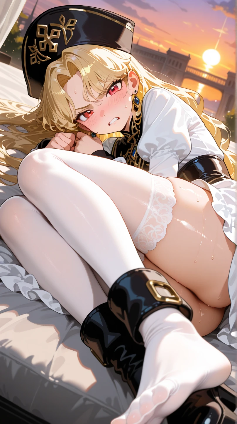 1girl, navia \(genshin impact\), genshin impact,bedroom,lying on a bed, bondage,gaged,ballgag,rope,hand behind back,vibrator,masterpiece,very aesthetic,newest,sensitive