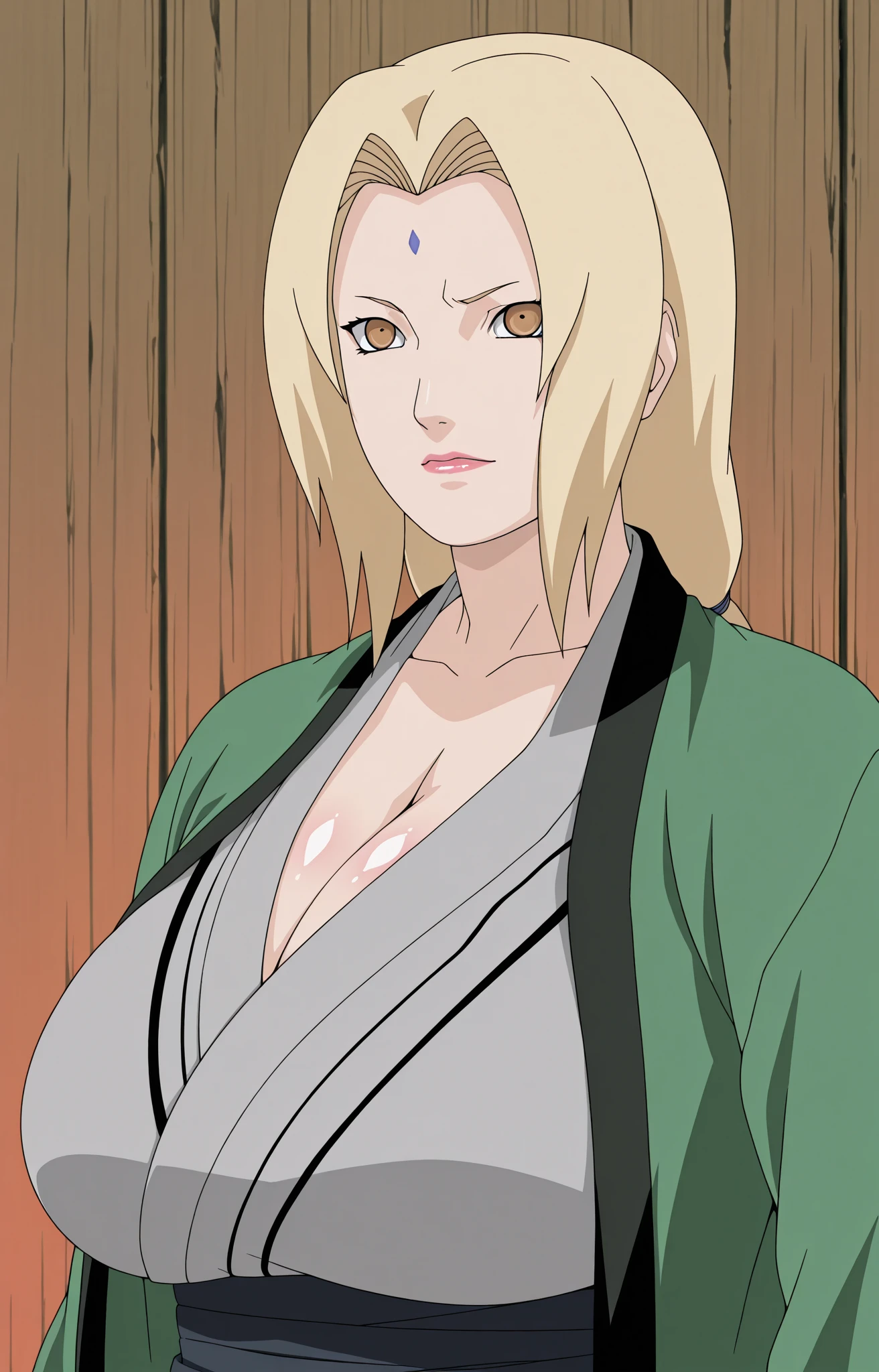 masterpiece, best quality, ultra-detailed, 1girl, upper body, long hair, blonde hair, french braid, brown eyes, blunt bangs, kimono, exposed cleavage, huge breasts, seductive face, looking at viewer, hot, Tsunade \(shippuden\)