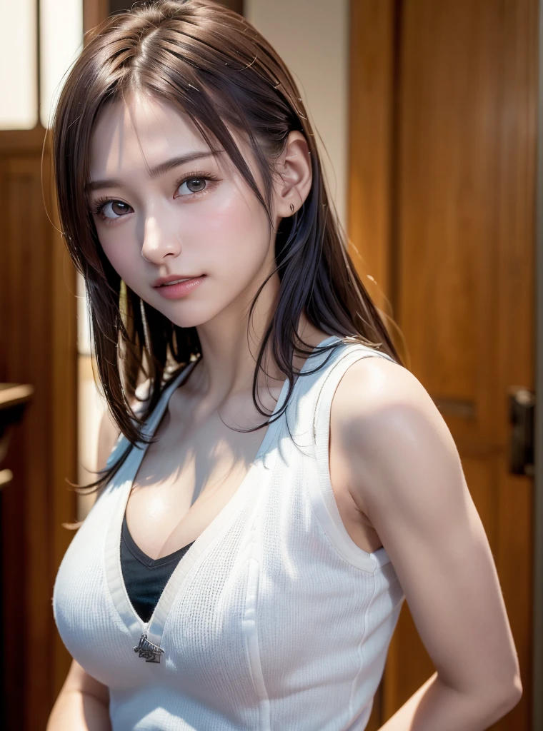 8K quality、High resolution、Realistic skin texture、High resolutionの瞳、Female cafe owner、relax、Lean forward and look down、Falling on the table、Brown long hair、、Ring piercing of the earlobe、Camisole with wide open chest、Friendly face、thin、Model body type、Ripe body、Beautiful small breasts、Neat 30 year old woman、Boldly dropped collar、Off the shoulder、Up ponytail、
