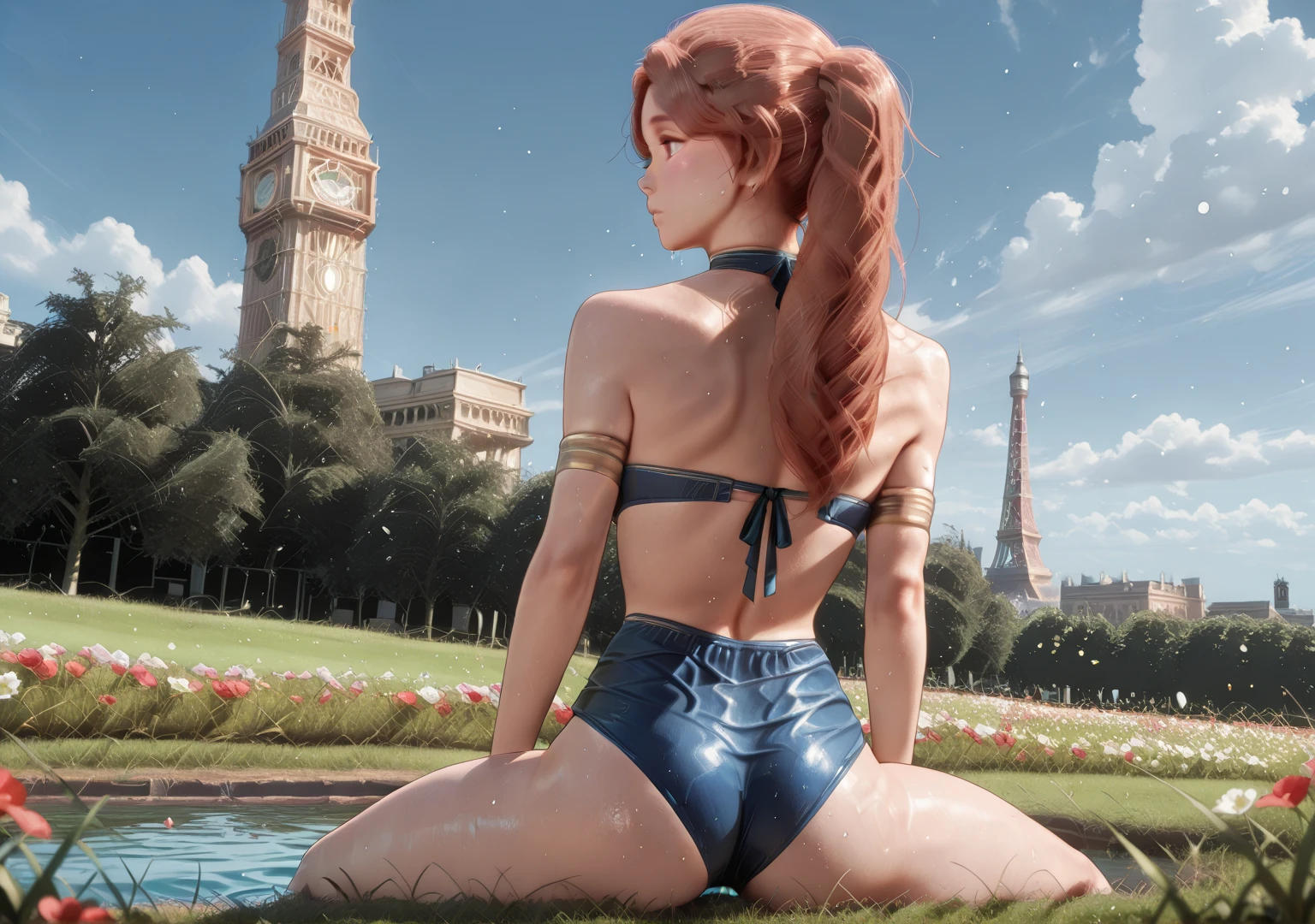 (((city))),(((river))),(((water splash))),(((red blossoms)))