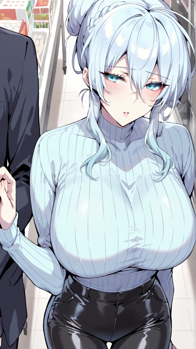 in bed, silver hair and blue eyes, black shirt and no bra, anime visual of a cute girl, screenshot from the anime film, & her expression is solemn, in the anime film, in an anime, anime visual of a young woman, she has a cute expressive face, still from anime, big breast, red cheek, lustful face, fair skin