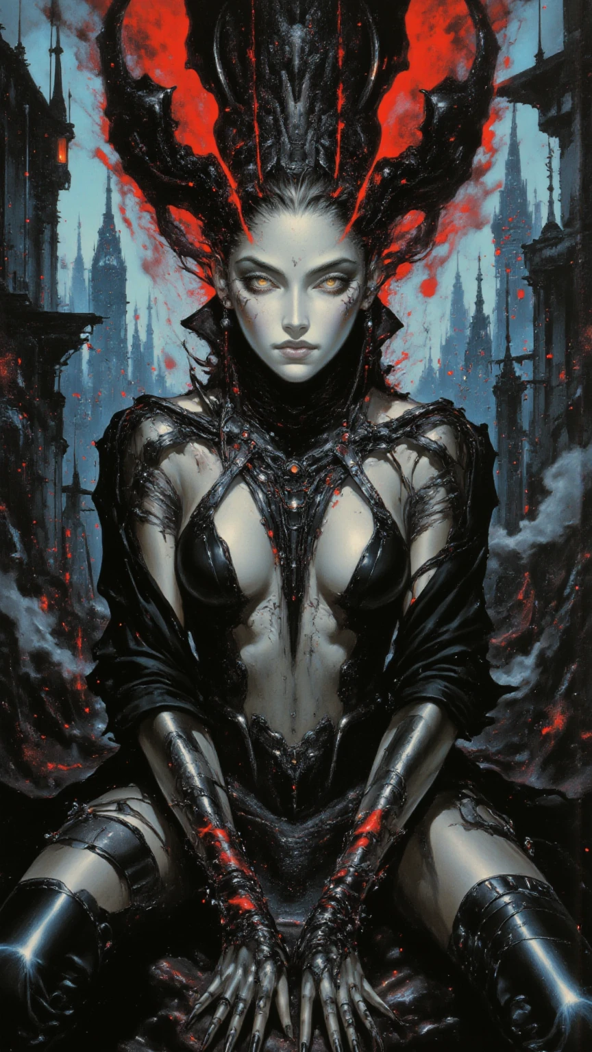  vampires, thick black hair pale skin, Eyes red, Red lips, Black armor with red details, with pointy ears, dark, dark Castle, fully body