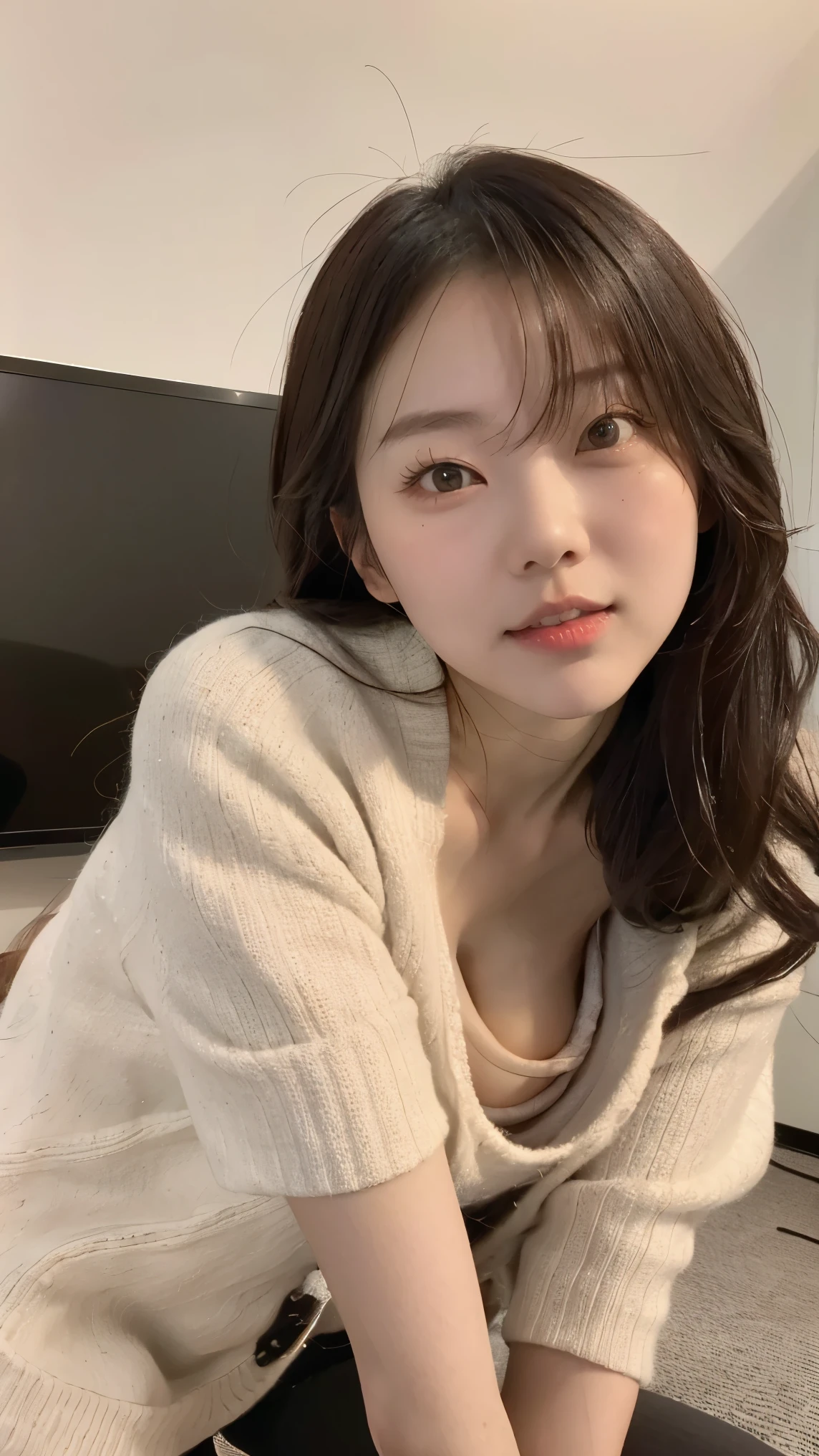 (masterpiece:1.3), High resolution, Super detailed, Highly detailed CG Unity 8K wallpaper, realistic, photo-realistic, RAW photo, beautiful detailed face, white skin, realistic glistening skin, fine cloth texture, detailed hair texture, perfect body, beautiful face, Accurate, anatomically correct, Highly detailed face and skin texture, natural neck length, shiny gold necklace, (beautiful hands), (Fair skin:1.2), thin legs, thin legs, sexy thighs, (sweaty skin:1.2),
break,
fine eyes, symmetrical eyes, light brown eyes, double eyelid, thin eyebrows, (glossy lips:1.4), (sleepy face:1.2), (blush:1.1),
break,
(((1 girl:1.3))), ((Wear an oversized knit coat over a trendy swimsuit:1.2)), (cross strap sandals:1.2),
((big breasts:1.3)), (firm chest:1.1, well-shaped chest:1.2, slender body shape:1.1), toned abdominal muscles,
(((black hair, blonde striped hair:1.2))), (wavy hair, medium long hair:1.2), ((asymmetrical bangs:1.2)),
break,
((Sexy gravure pose lying down:1.4)),
((At the beautiful sunset beach:1.4)),
break
(((upper body shot:1.3))), (((From above))),
