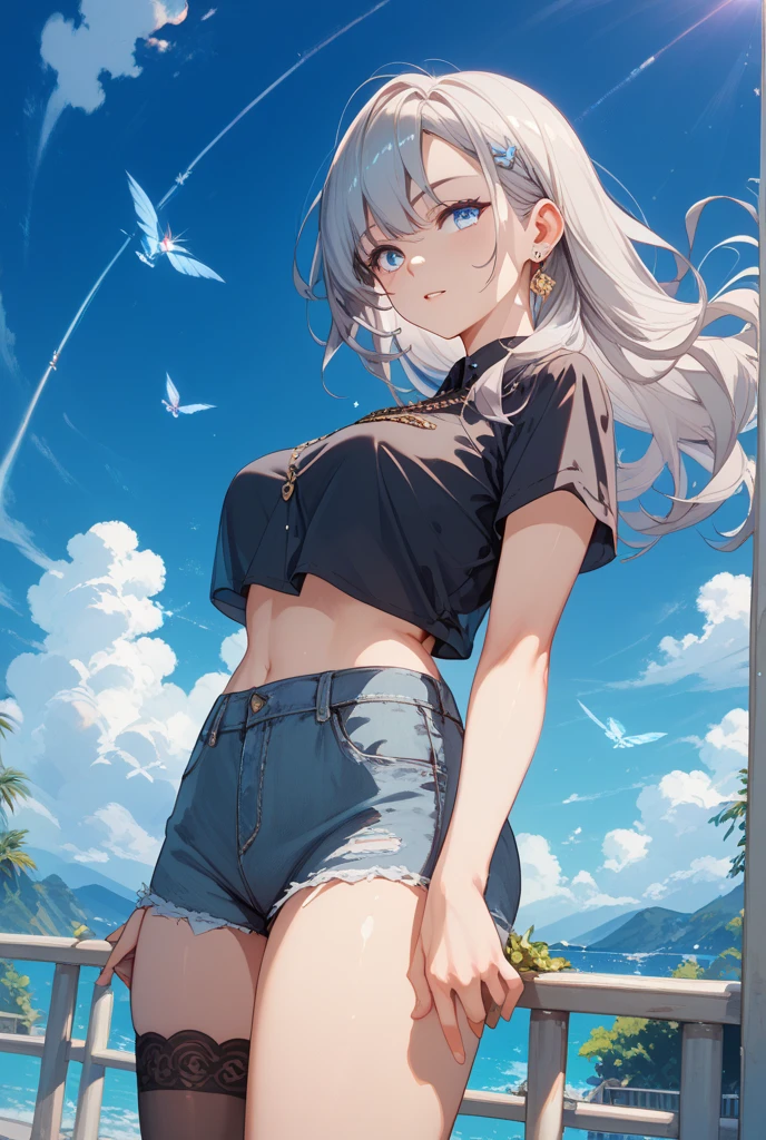 (Masterpiece, Top quality: 1.5),from below:1.3, upper body, 1 beautiful girl, silver hair, (Tank top、 Shorts :1.3), Summer clothes, hairpin, medium hair, wave hair, Hair swaying in the wind, Keep your head small, (15 year old:1.2),Ample breasts, standard weight, one knapsack, (smile:1.5), blush :1.2, open mouth, beautiful scene , Mediterranean cityscape, magnificent panorama view, dynamic pose