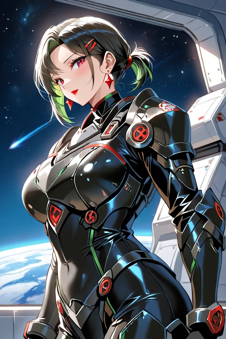 8K Wallpaper,masutepiece,Best Quality, Illustration、(highly detailed CGillustration)、((extremely delicate and beautiful))、cinematic light and shadow、((1womanl))、独奏、Standing Pose,Cowboy Shot、Looking at Viewer,(charactor focus)、absurderes、highly contrast、Extreme details、colourfull、highestdetailed、scientific fiction、(high-leg cut nano suit)、BREAK(Green hair),(high ponytail)、greeneyes、knee boots、(spaceship interior,Planets and stars visible from the window々)、Mechanical limbs、large full breasts、Metal wire、cyber style、carbon