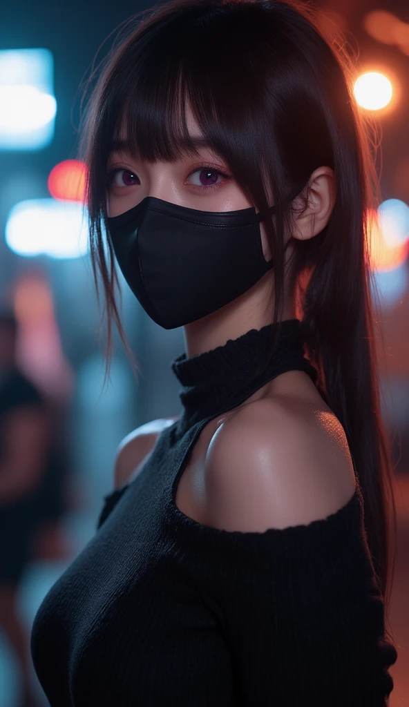 a very beautiful and very thin girl, black pigtails, wears red underwear with tights and latex face mask, dark room with outside neon lighting, viele details, extremely realistic, European comic book aesthetic, good quality, HD, 8k, type font: KINA SOZIOC