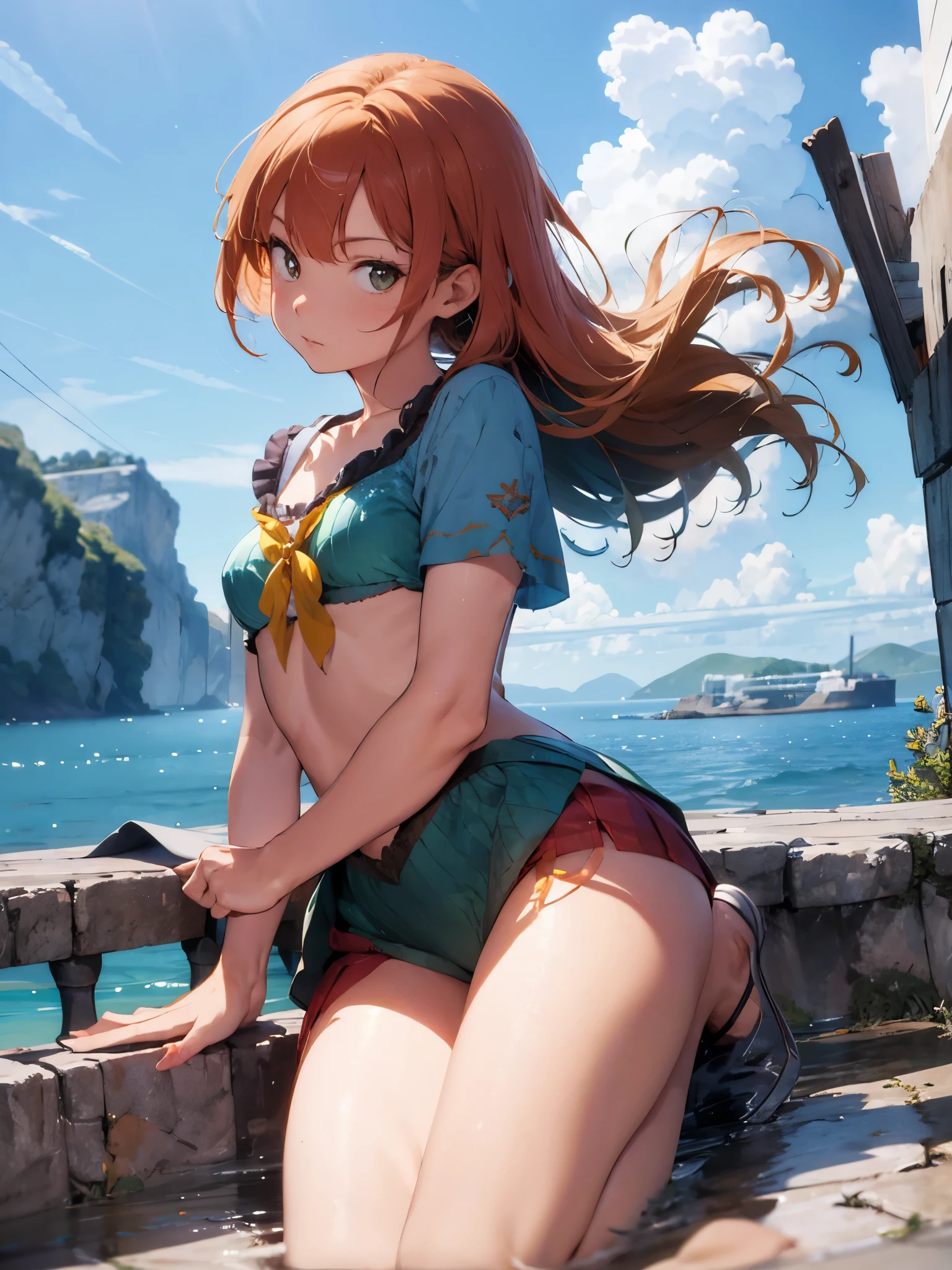Best image quality、High resolution、masterpiece、super high quality、arena、Run、颯爽とRun、Green bra、Green panties、shout、Sweaty、Showing panties、very short pleated skirt、Heavy breathing、Blushing、4K quality、Spread your legs、Black knee socks dig into the thighy panties are wet with love juice、Sexy face、focus on panties、Shooting from below the crotch、、Voluptuous thighs、Whipped ass、heart