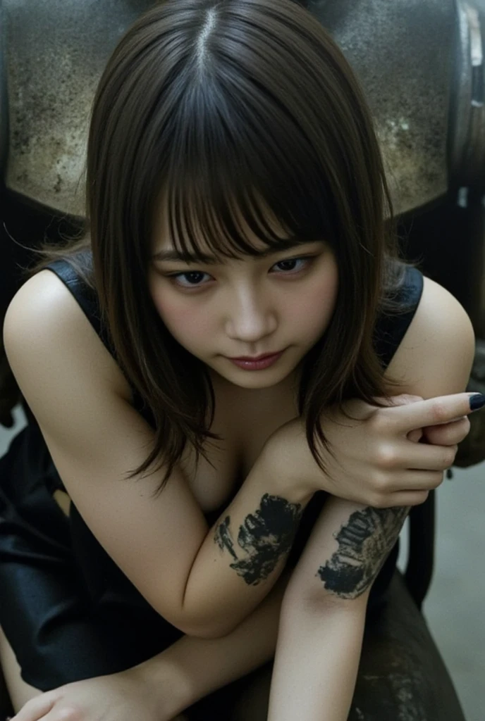 (Highest quality:1.2),32k HDR,High resolution,(20-year-old woman),(Ultra Wide Angle),(View from above:1.2),((Glaring at the camera)),(Japanese women),(Tattoo),Flat bangs,Dark Room,Medium chest,Squat with your feet apart,Show off your crotch,両腕をhandcuffsで繋がれている,((handcuffs)),薄Dark Room,ruins,Embarrassed, moist eyes,Sad expression,Looking into the camera,Very beautiful eyes,Flat Chest,Tragic,A fleeting expression,,((全身にTattoo)),((Constraints)),((Lock)),((Plate at your feet,Dog food dish)),((Staring straight ahead)),((Fox ears on head)),((Fox's Tail)),((short hair,Shaggy,Bob,long)),(Red Hair,Brown Hair,Black Hair,Silver),(Maid clothes),((Dark eyeliner)),((Slanted Eyes)),((Big eyes)),((Hands)),((Women who are kept)),((Pets)),