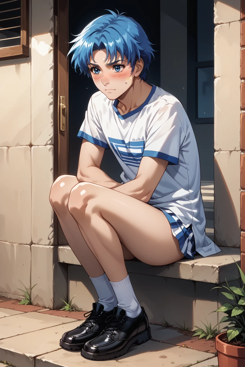 chubby Little boy with blue hair and shiny orange eyes and yellow socks wearing a hoodie and sweatpants sitting on a bench in a park, young, boy, child, small, toddler, (child:1.4), (boy:1.4), (shota:1.4), (sweatpants:1.4), (hoodie:1.6), (socks:1.8), (cute:1.8)