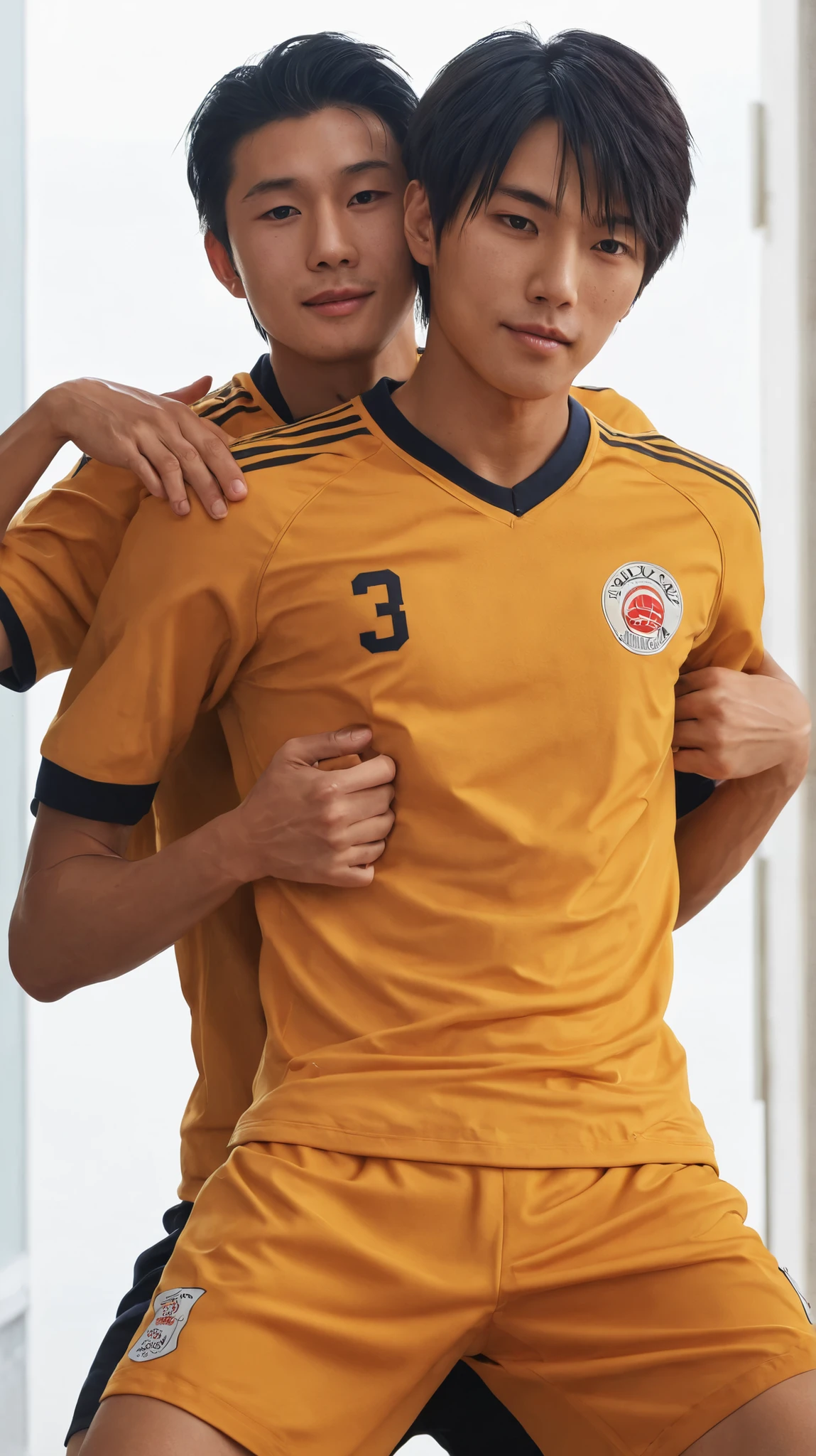 Japanese and Southeast Asian faces, tanned healthy skin, shibeyuuji , ash kethcum, boy , shibayuuji stil, anime style, sweat, boy 、 mole, grown jaw, multiple boy s, school hugging、 hug, short hair, soccer pleyer boys, ギャル男