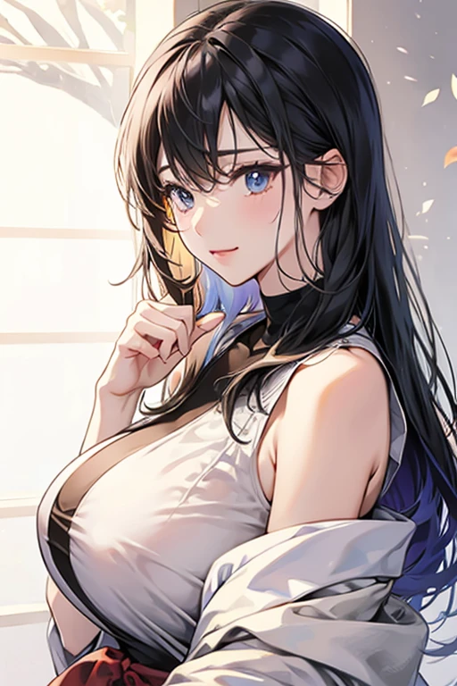 (masterpiece, highest quality), (Perfect athletic body: 1.2), (Detailed Hair), , watercolor, Big breasted, Very detailed, Anime Style, masterpiece, White shirt, Blue tie, Exposing shoulders, The sleeves are separated, Evil Smiley Face, Iris,