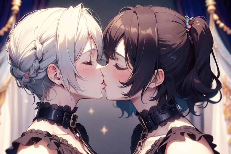 (Best quality, 8K, Masterpiece:1.3, 2 girls, Beautiful girl), cute, Dynamism, Detailed face, Detailed skin, detailed clothes, Detailed eyes, Detailed lips, Detailed tongue, Detailed fingers, Detailed mouth, Photorealistic, Raw photo, highres, hight resolution, Natural lighting, dynamic pose, perfect anatomy, toned legs, double eyelids, tear bags, round eyes, moist lips, sweaty, ecstatic face, (playboy bunny, fishnet pantyhose, casino), half closed eyes, blush, open mouth, tongue out, tongue kiss, ahegao, drooling:1.4, split-color hair, (lesbian, lesbian kiss, yuri, 2 girls are kissing), erotic kiss, sexy kiss, forehead, bangs, grabbing crotch, lesbian sex, spreading legs, spot lighting, crowded casino, masturbation, camel toe, nsfw, wet body, white hair, indigo hair, wet hair, cum