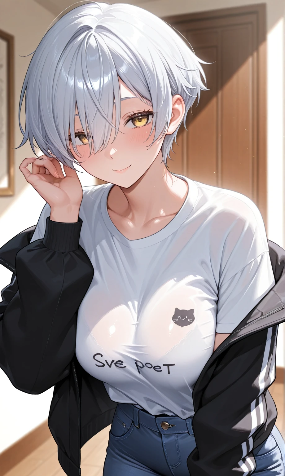 masterpiece, best quality, ultra-detailed, Potrait of beautiful , (chubby) (muscular), (plump), (sexly), (cleavage), ((tomboy)), (アニメ), (Breasts), (Plump), ((very short hair)), ((Uzaki Hana)), (overweight), (Gray Hair), ((Saggy breasts)), (blue eyes), (Short Hair), (blue eyes), ((thick)), (Smelly body), (Sweaty body), (school uniform)