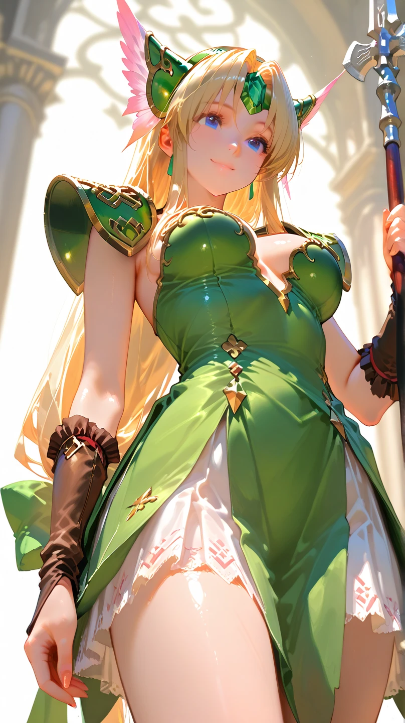 (masterpiece, Highest quality:1.2), Cowboy Shot, alone, one person, Riesz, View your viewers,, Long hair tied low, Winged Helmet,green dress, armor, shoulder armor, Bridal Gauntlet, Cleavage,(In the basement:1.4),(Through the bars:1.4)