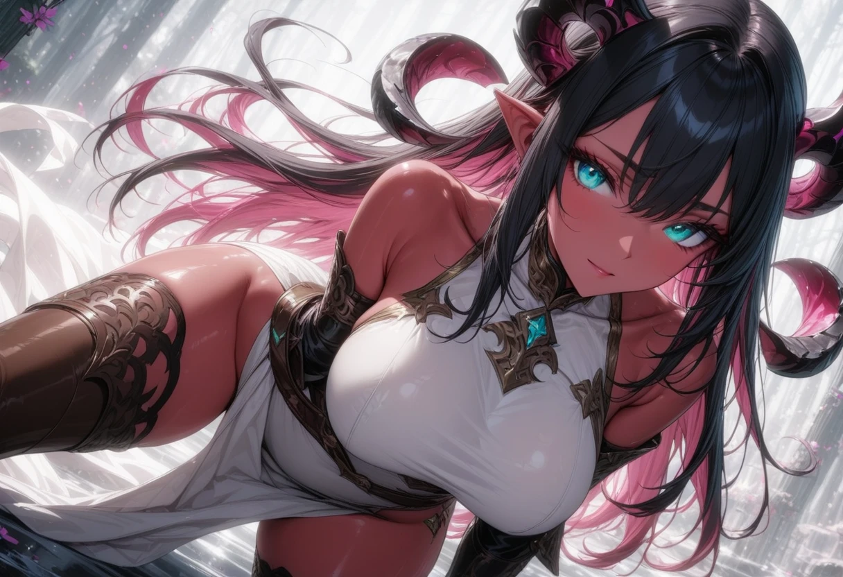 Imagine a girl with fair skin and long straight hair, She has white hair and strands at the ends, your hair is turquoise blue and aqua green. She has beautiful brown eyes and on top of her head she has red horns with gold accents.
